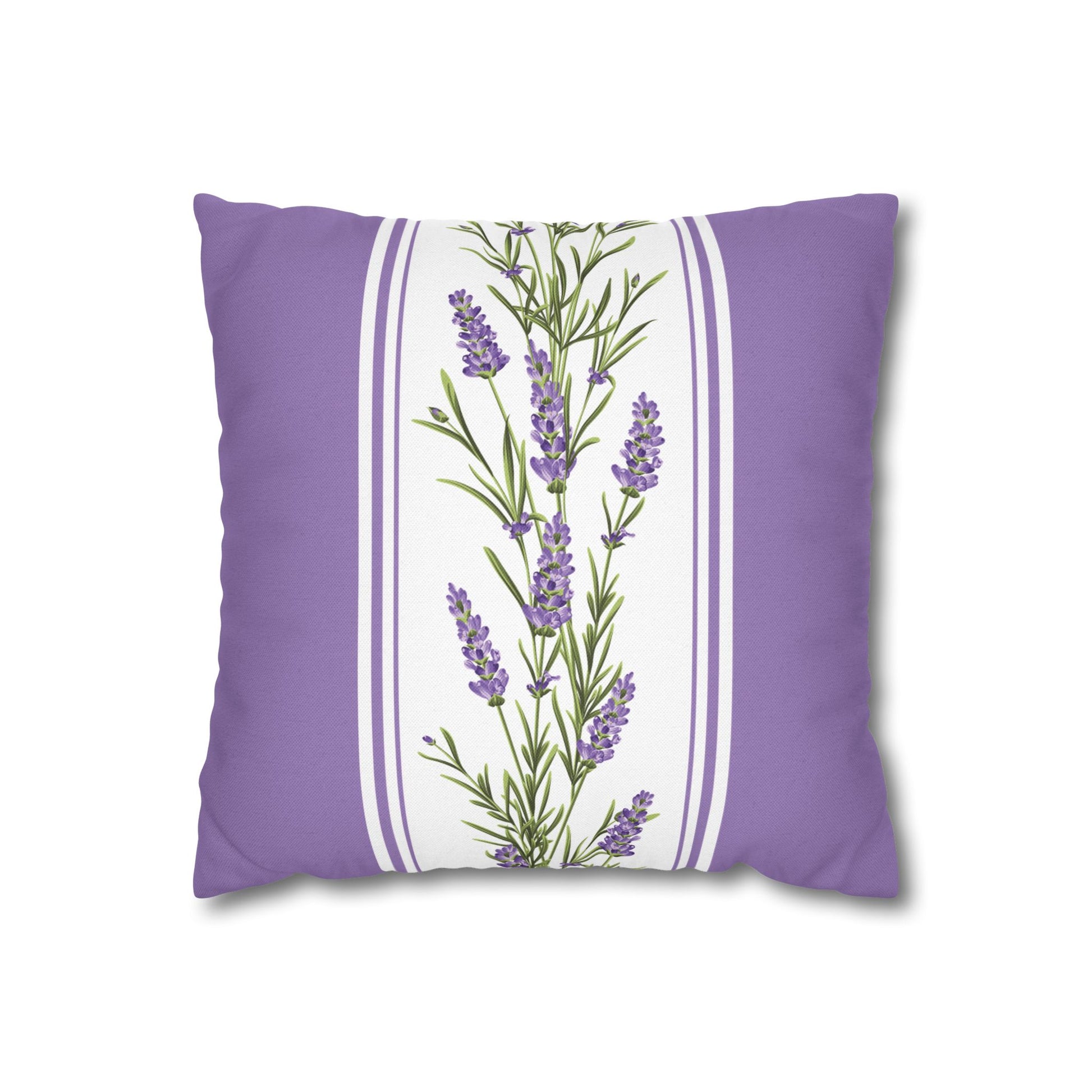 Lavender sprig decorative pillow front featuring botanical print with purple flowers and green stems on white center stripe, framed by purple solid sides
