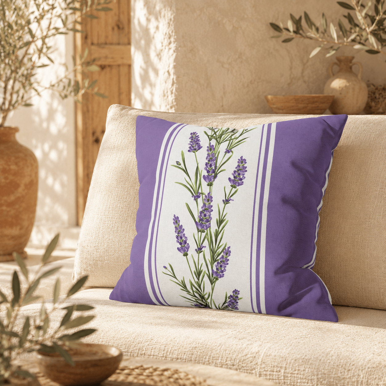 Single lavender sprig pillow displayed on a cream sofa with coastal window and botanical décor in soft neutral room setting