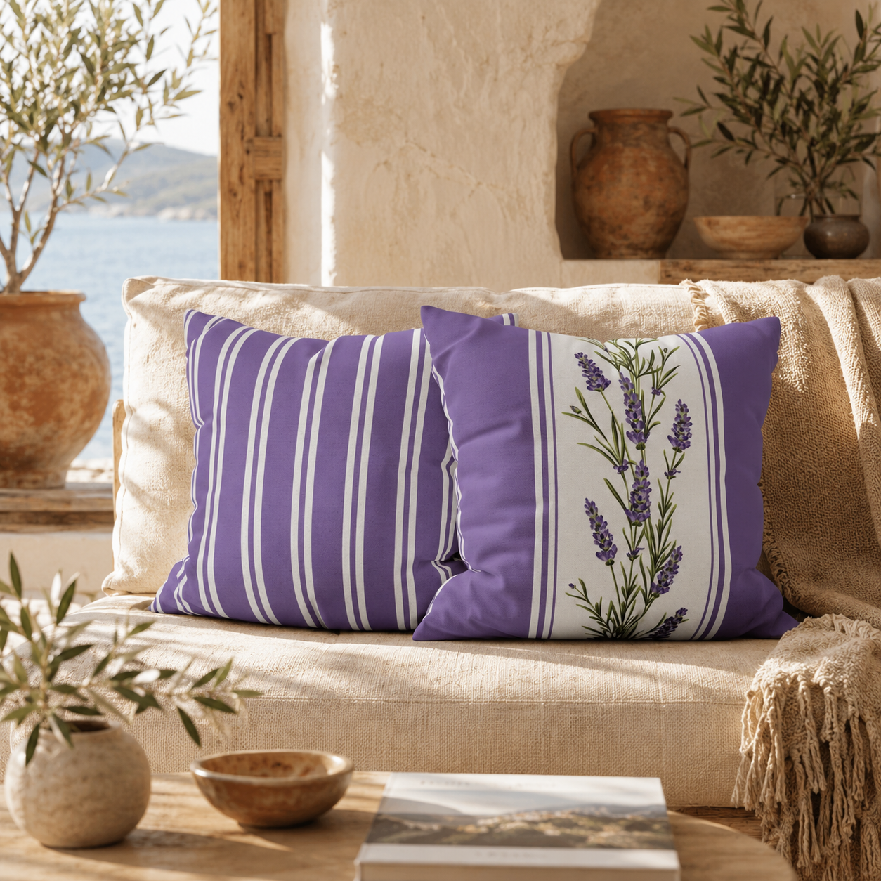 Lavender sprig decorative pillow in natural setting on a beige sofa with matching striped pillow, surrounded by terracotta pottery and Mediterranean botanical accents