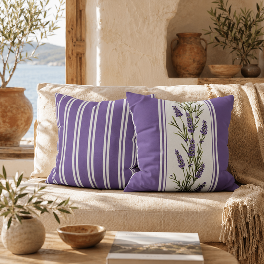 Lavender sprig decorative pillow in natural setting on a beige sofa with matching striped pillow, surrounded by terracotta pottery and Mediterranean botanical accents