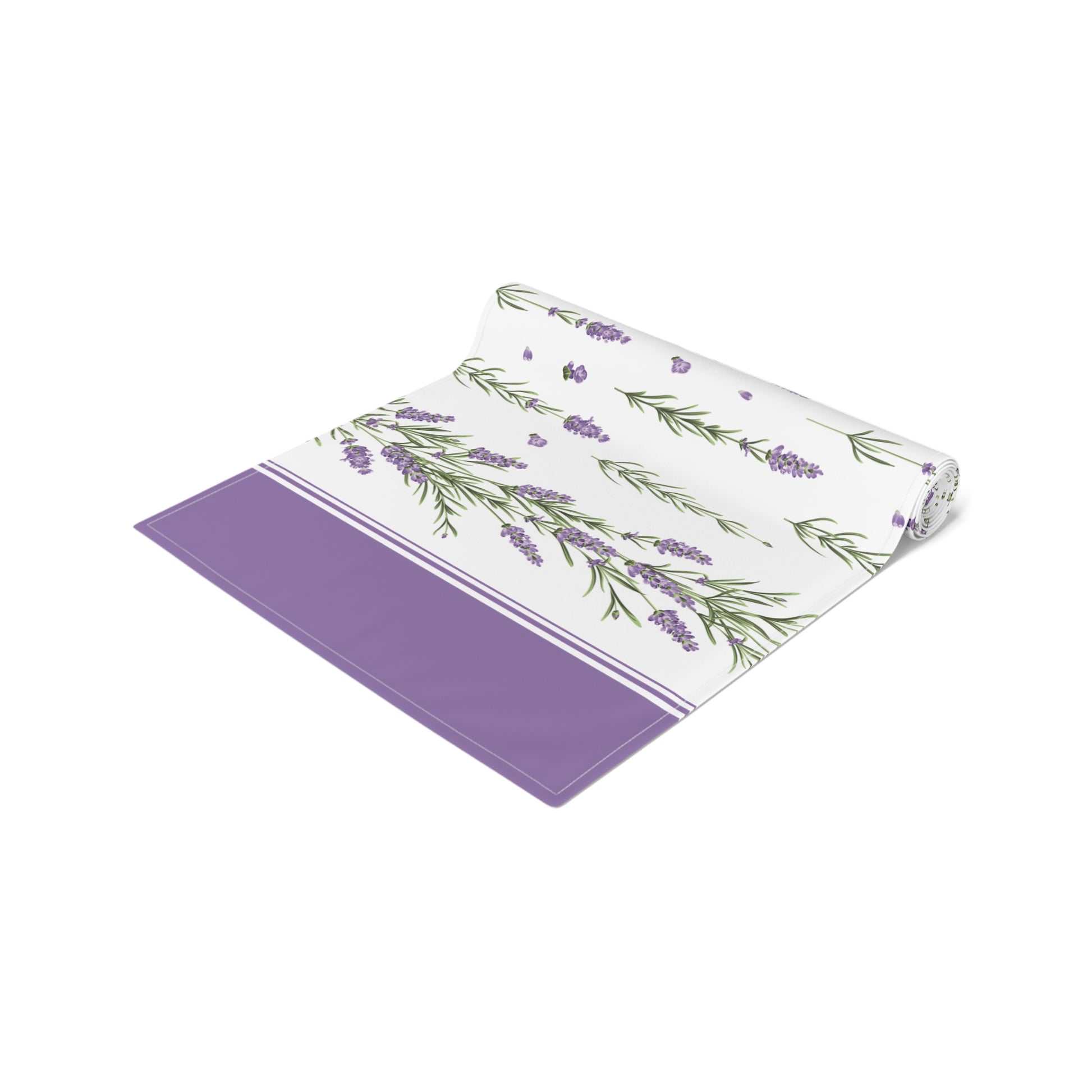 Folded lavender sprig table runner with striped purple border detail