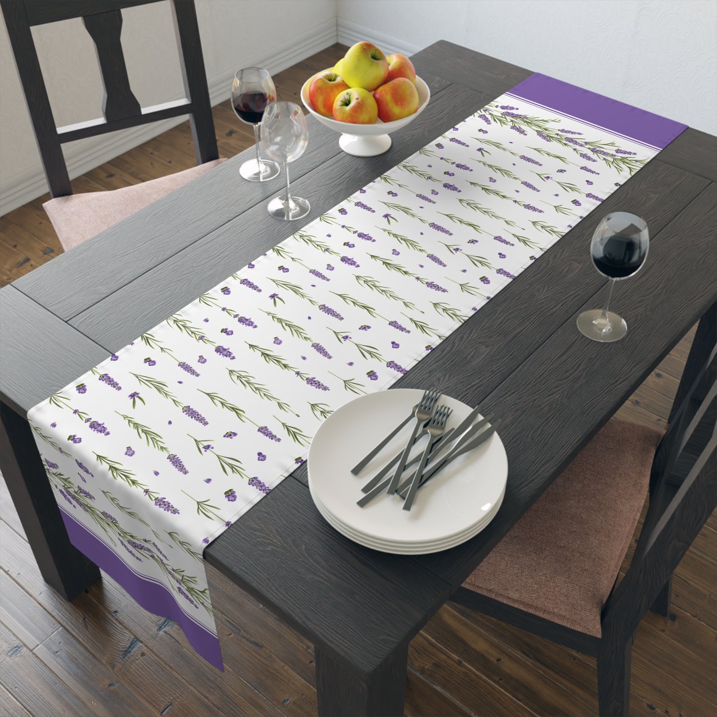 Lavender sprig table runner styled on a dark wood table, alternate angle with fruit bowl