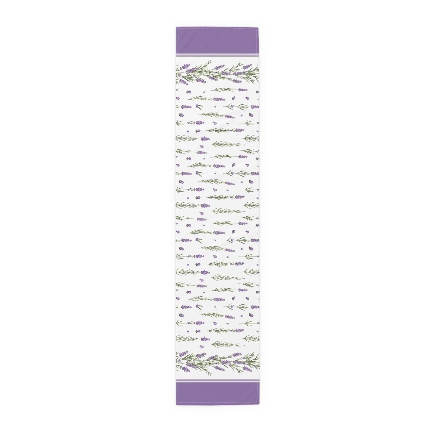 Lavender sprig table runner shown flat in a full-length top view