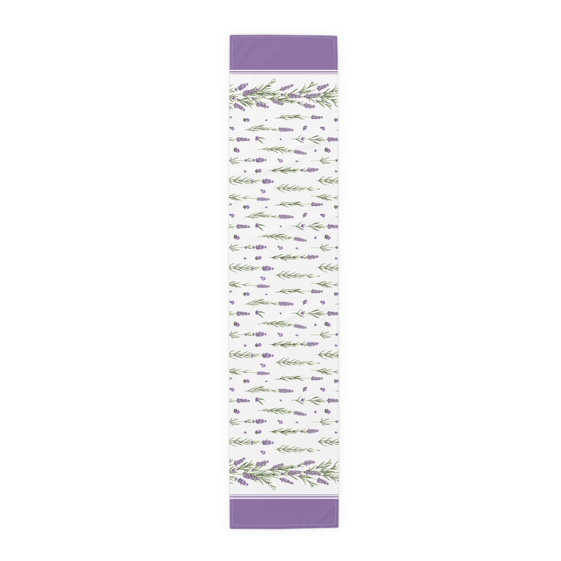Lavender sprig table runner shown flat in a full-length top view