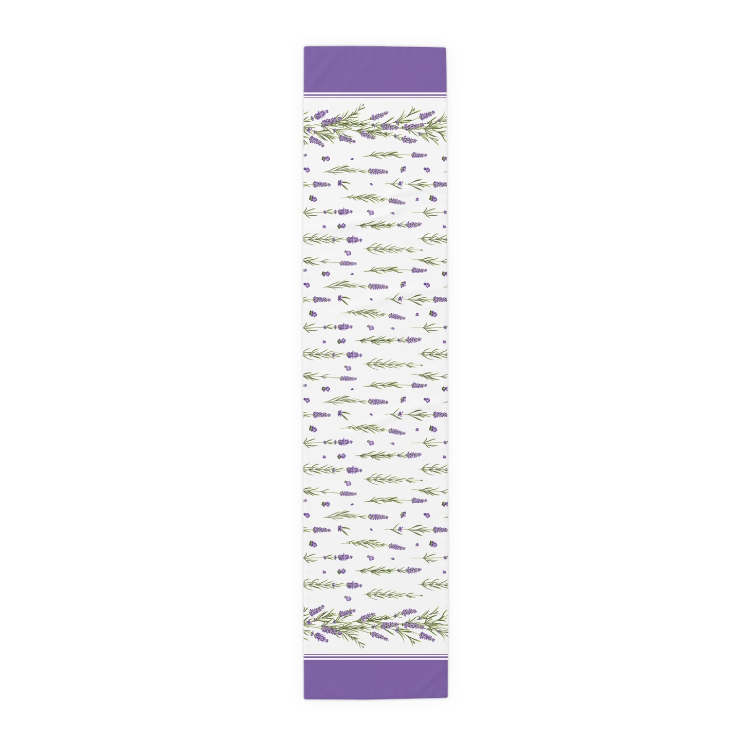 Lavender sprig table runner in polyester, flat top-view full length