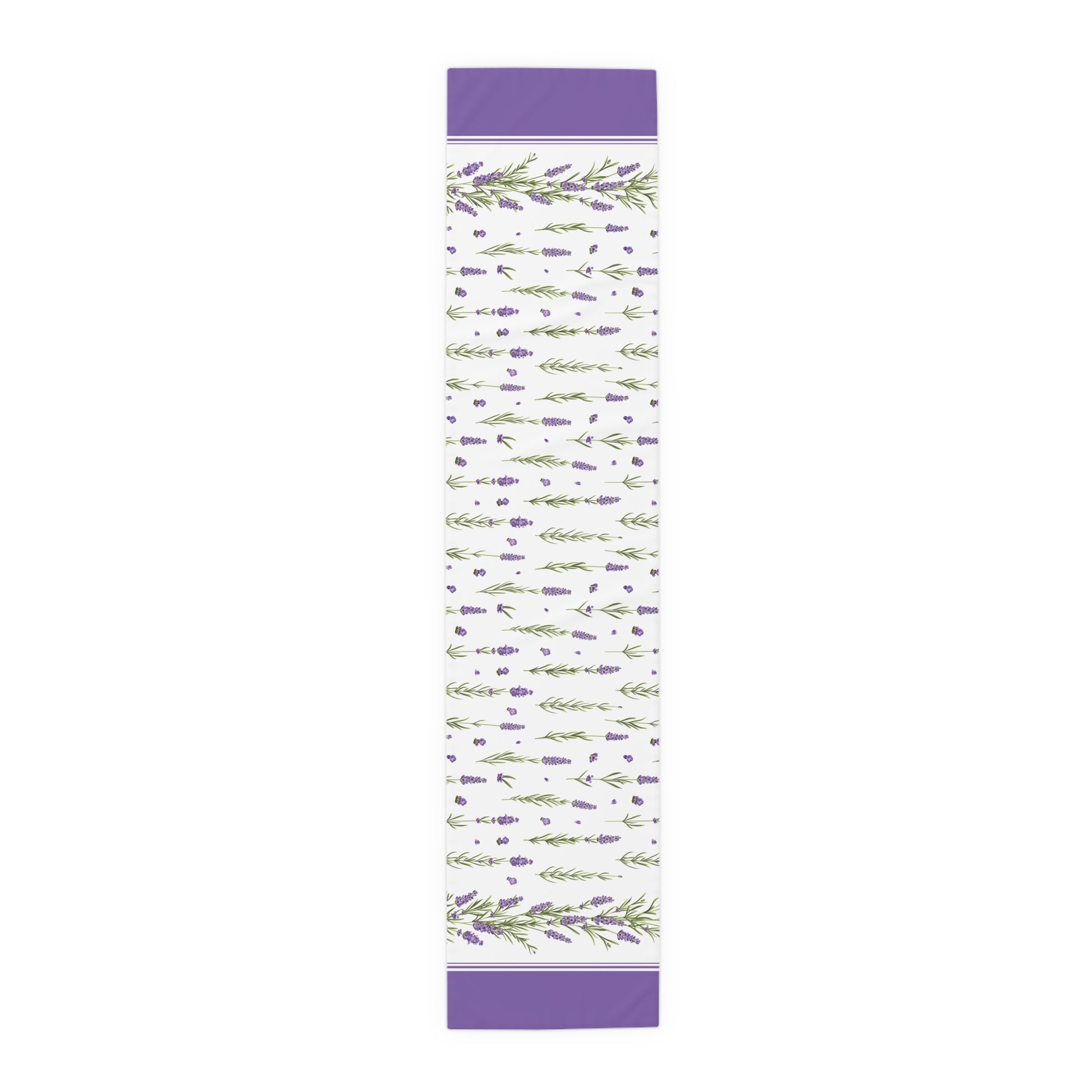 Lavender sprig table runner in polyester, flat top-view full length