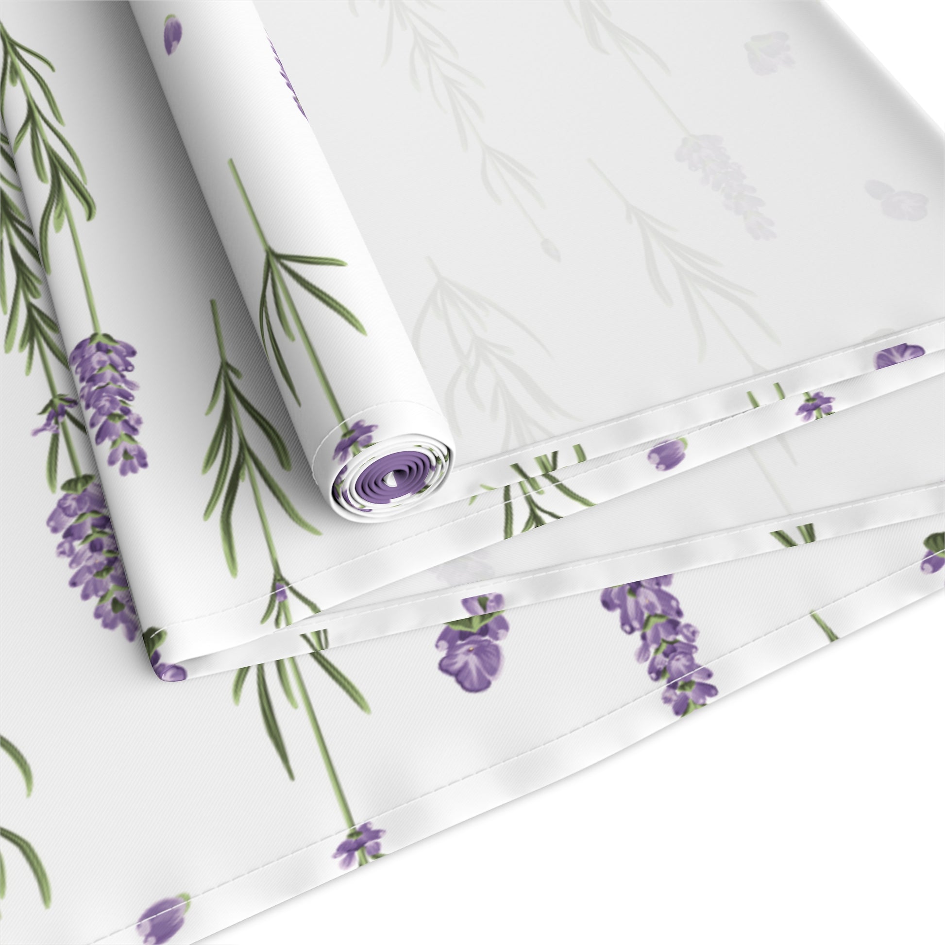 Close-up of rolled lavender sprig table runner fabric detail