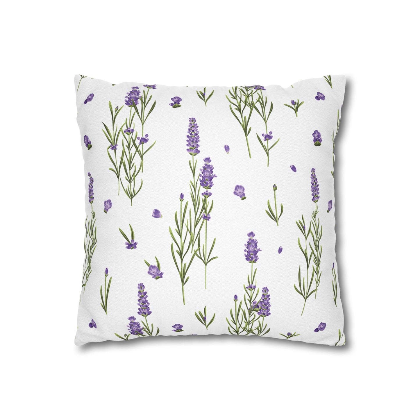Lavender sprigs square throw pillow cover flat view with scattered purple flowers and leafy green stems on an off-white background