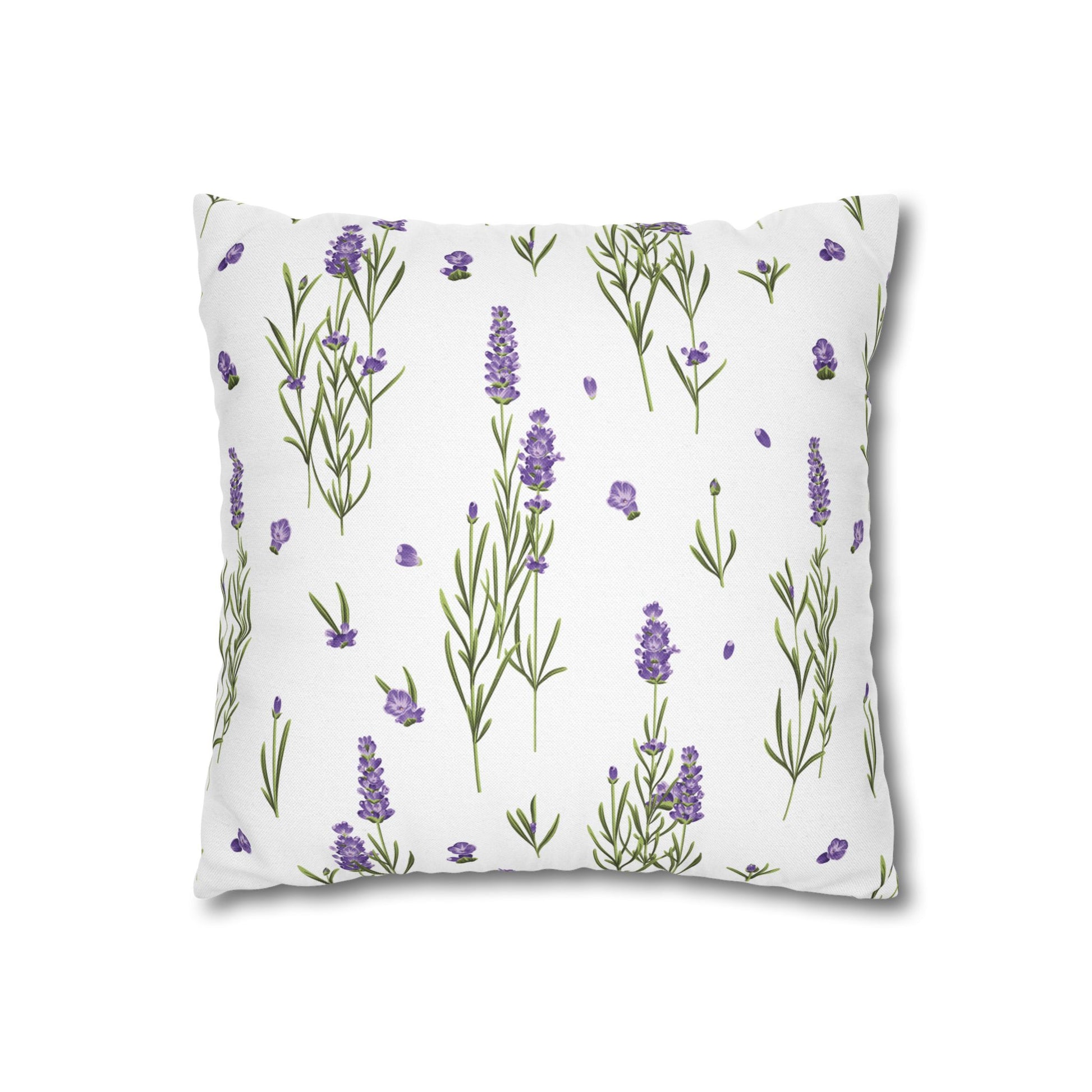 Lavender sprigs square throw pillow cover flat view with scattered purple flowers and leafy green stems on an off-white background