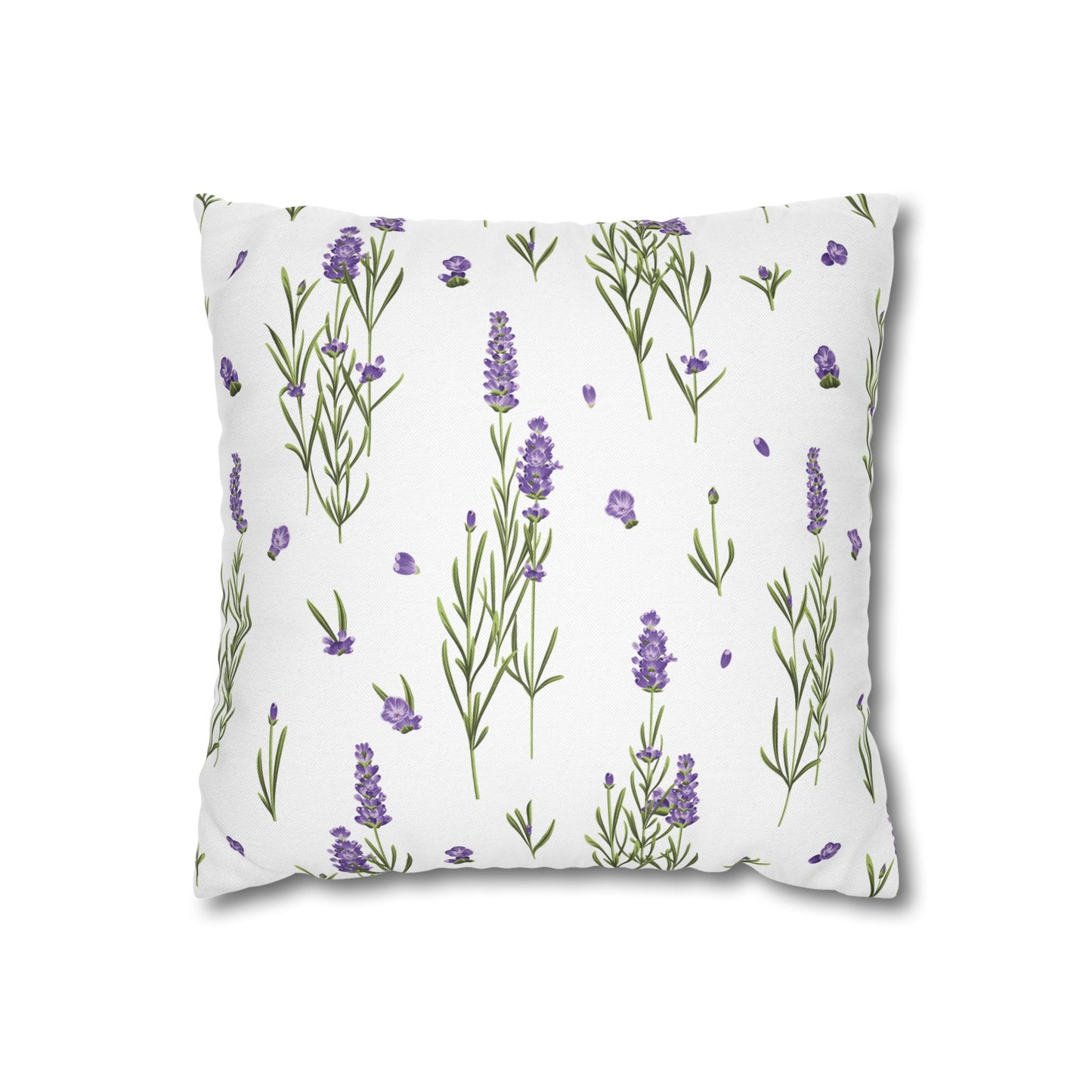 Lavender sprigs decorative pillow cover flat lay showing purple lavender flowers and green stems on a light fabric surface