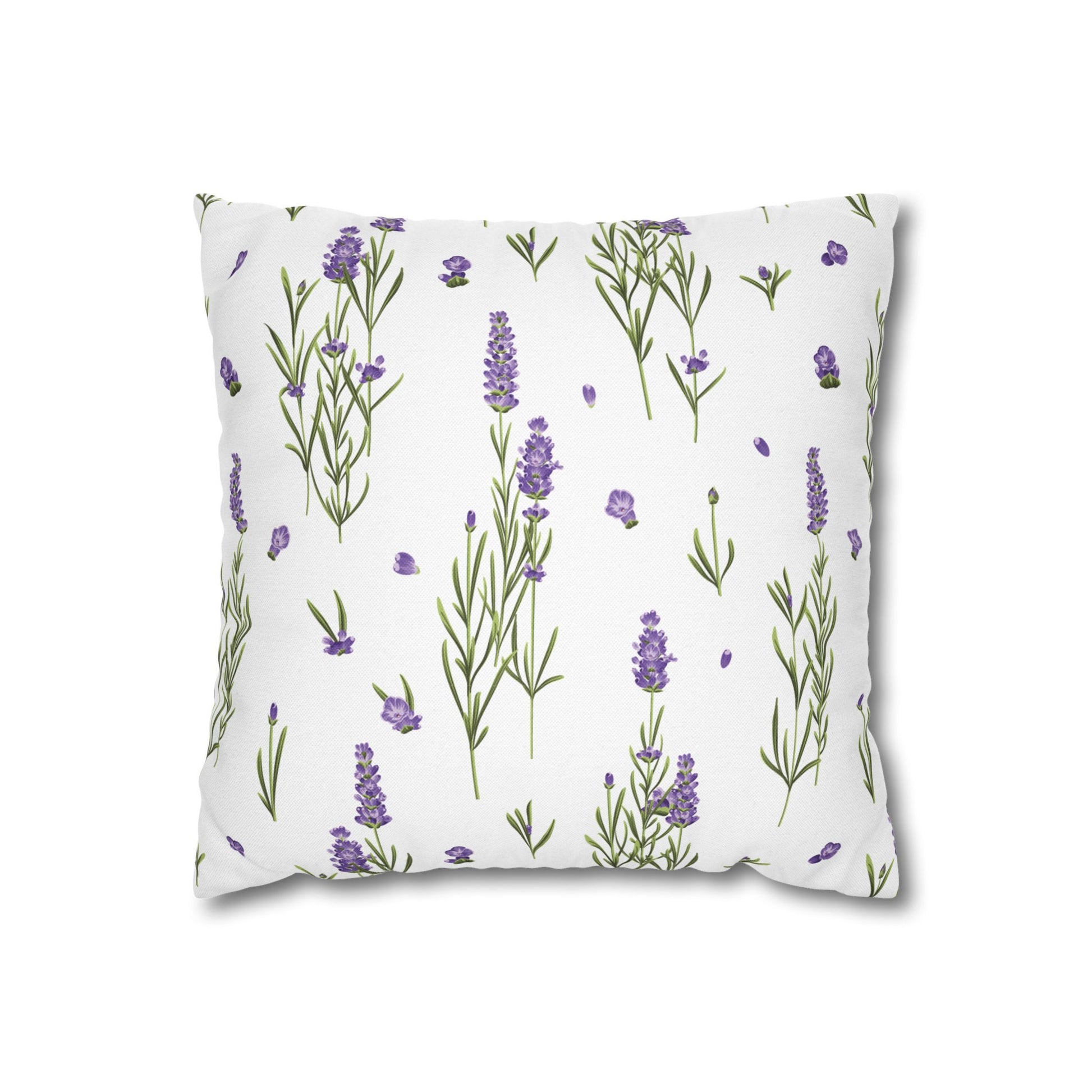 Lavender sprigs decorative pillow cover flat lay showing purple lavender flowers and green stems on a light fabric surface