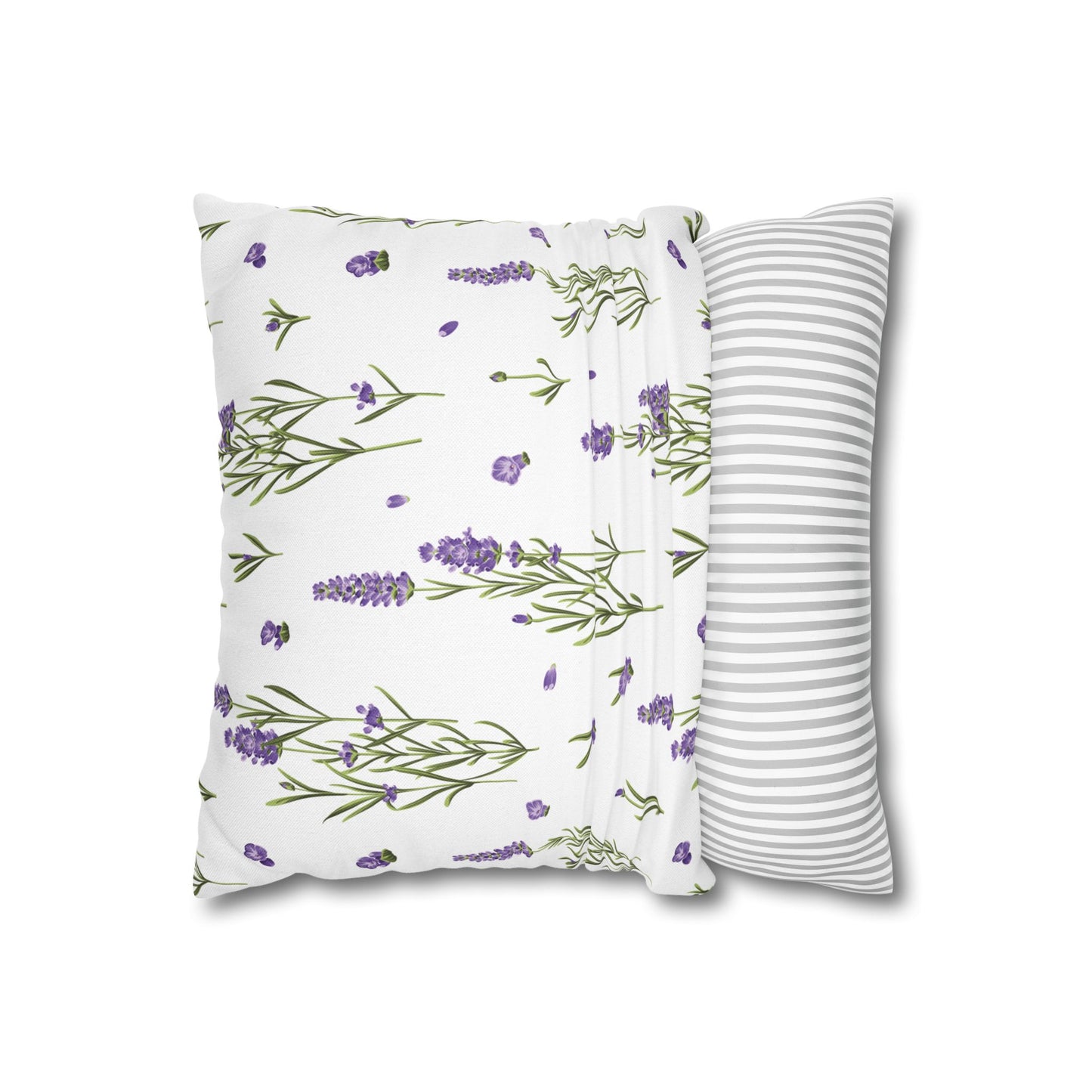 Lavender sprigs pillow cover showing the printed lavender pattern front and gray and white striped back, front view