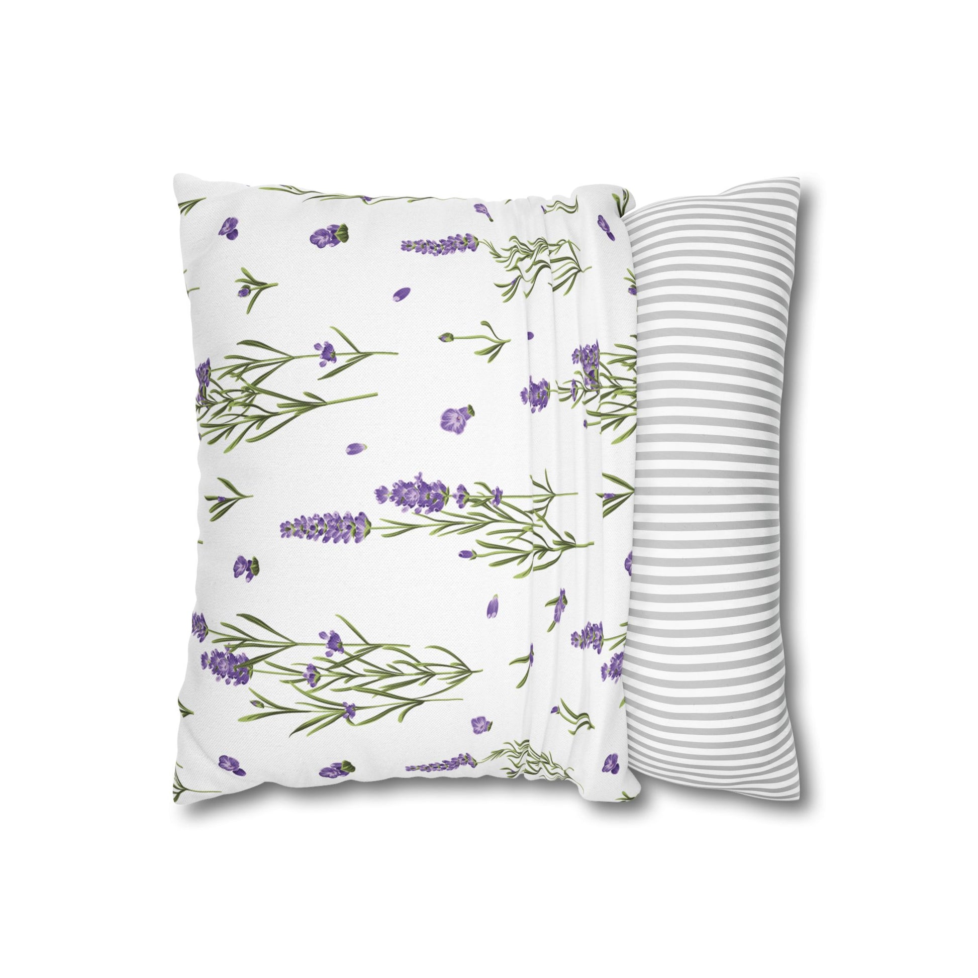 Lavender sprigs pillow cover showing the printed lavender pattern front and gray and white striped back, front view