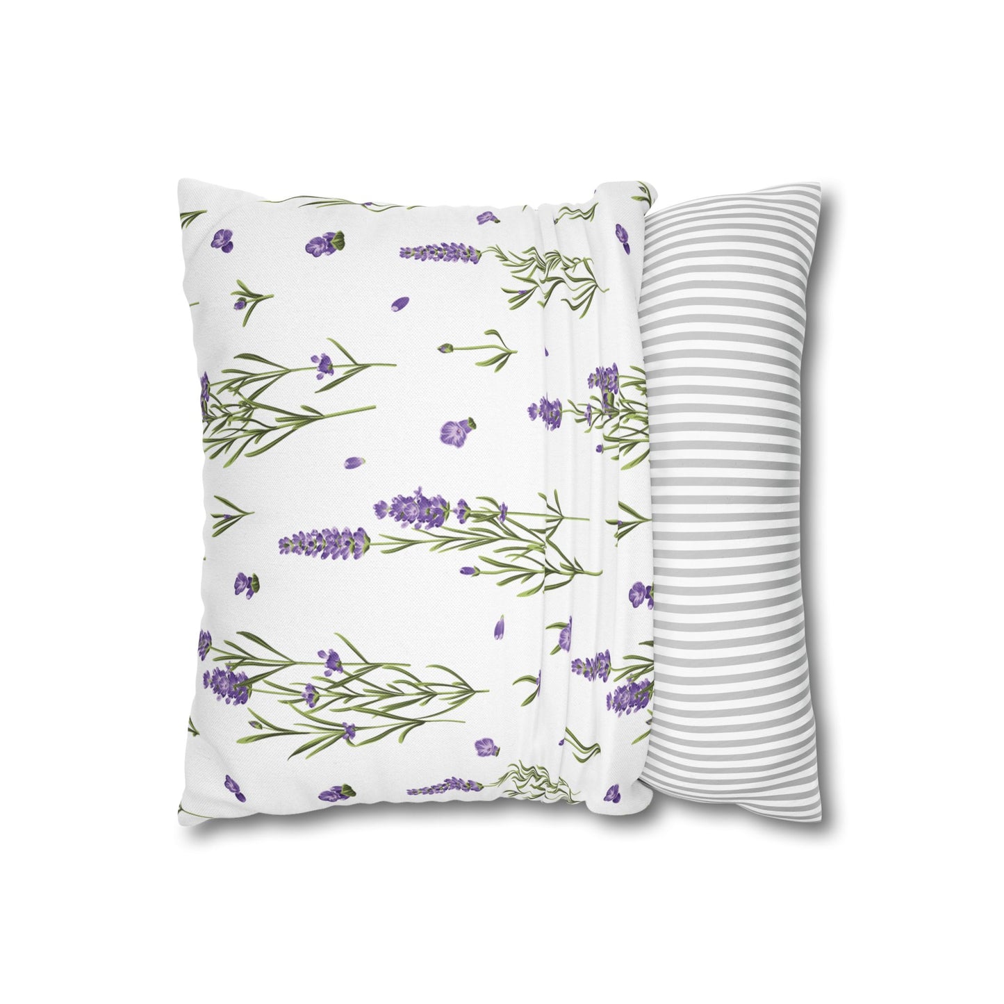 Lavender sprigs pillow cover showing the printed lavender pattern front and gray and white striped back, angled view