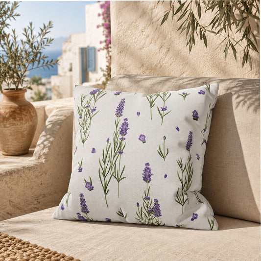 Lavender sprigs throw pillow cover displayed on a stone terrace with sea view and potted olive branch