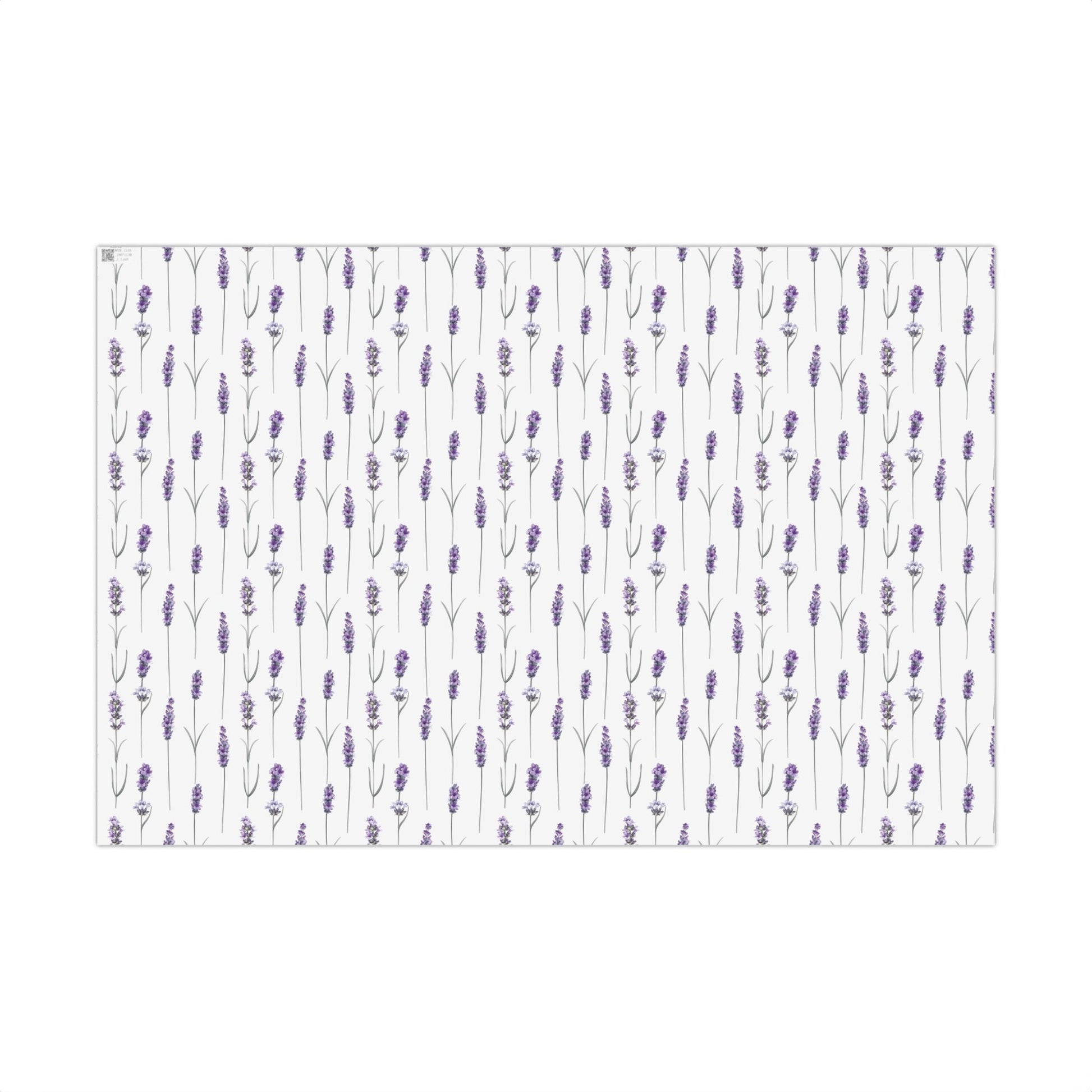 Flat lay of lavender stem watercolor gift wrap paper pattern, 29 by 20 inch sheet
