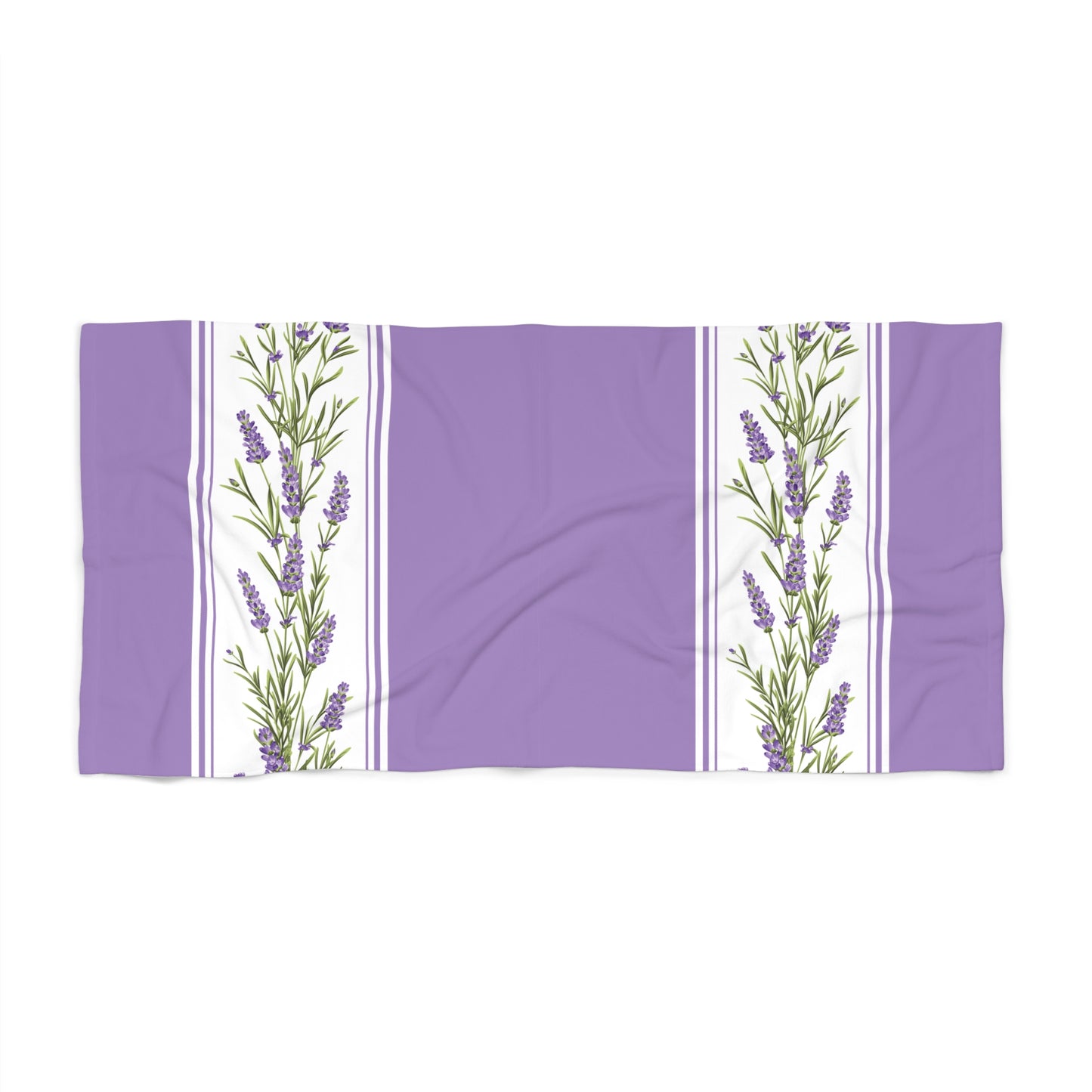 Beach towel laid flat against a white background showing the full pattern of alternating purple panels and white stripe borders with botanical lavender sprigs repeating across the width