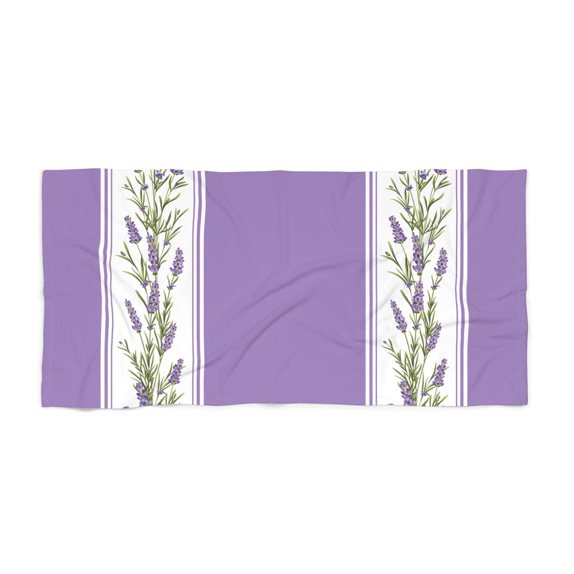 Beach towel laid flat against a white background showing the full pattern of alternating purple panels and white stripe borders with botanical lavender sprigs repeating across the width