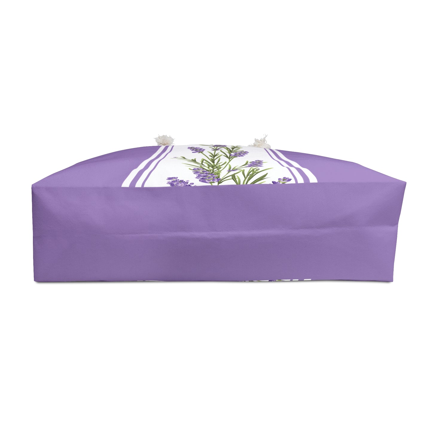 Bottom view of the lavender stripe print weekender bag showing the solid purple base panel