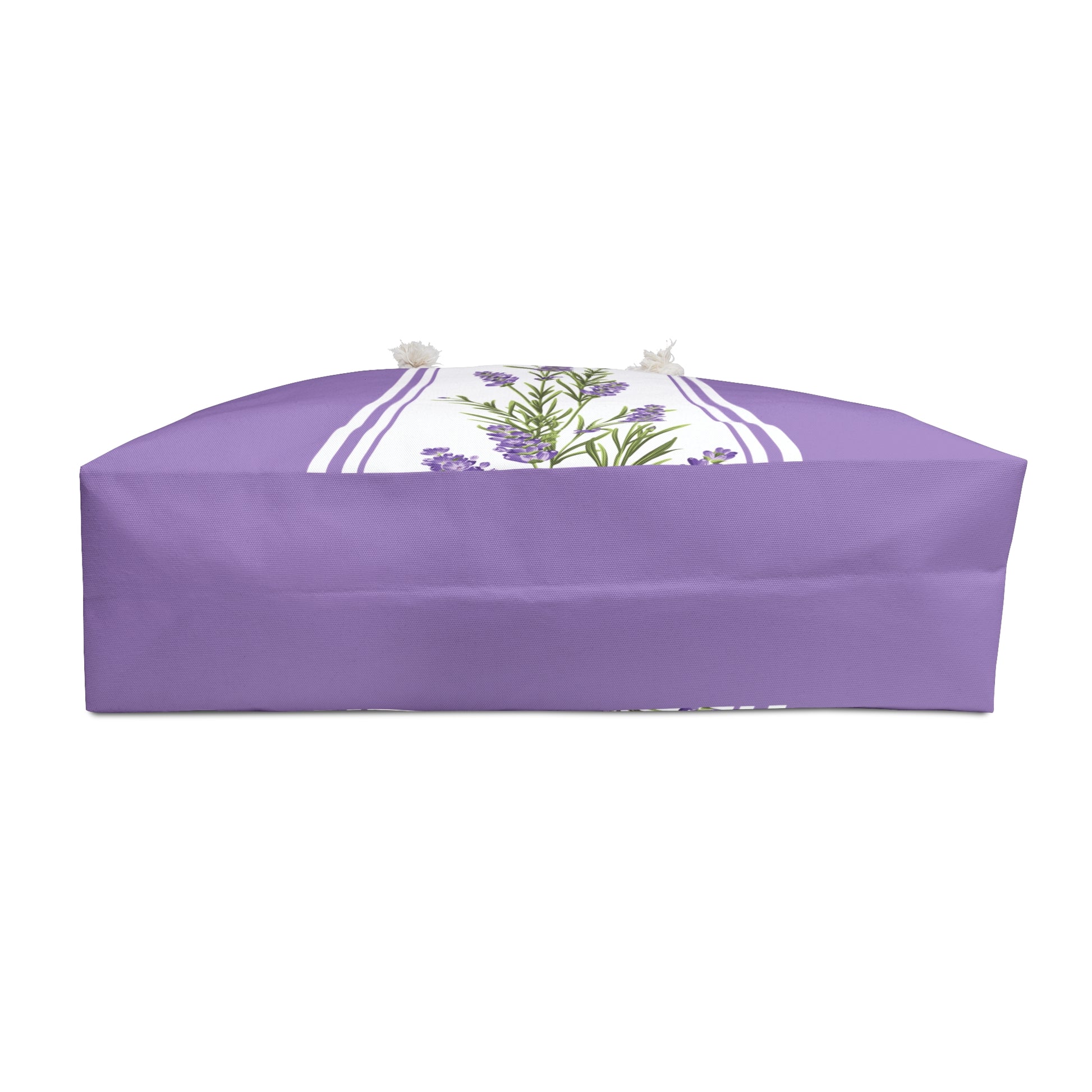 Bottom view of the lavender stripe print weekender bag showing the solid purple base panel