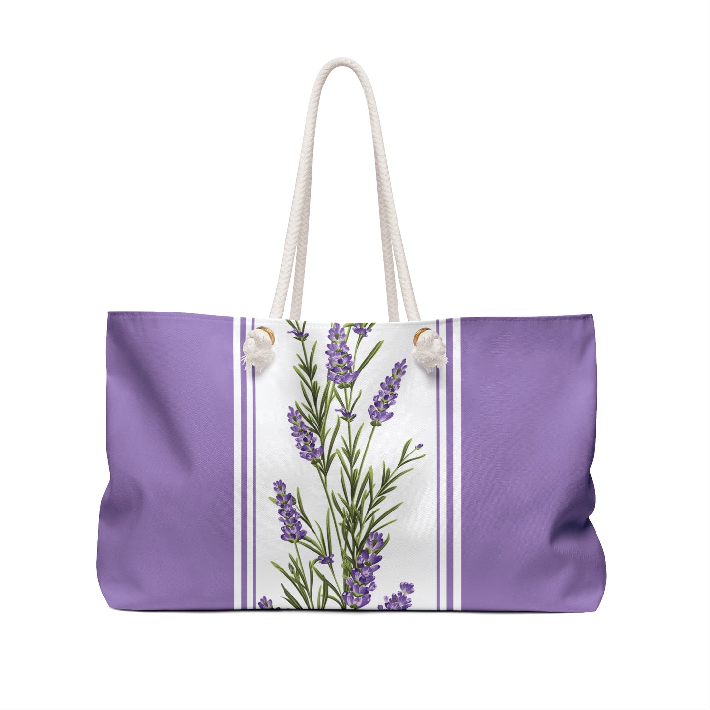 Front view of the lavender stripe print weekender bag with rope handles and wooden bead details