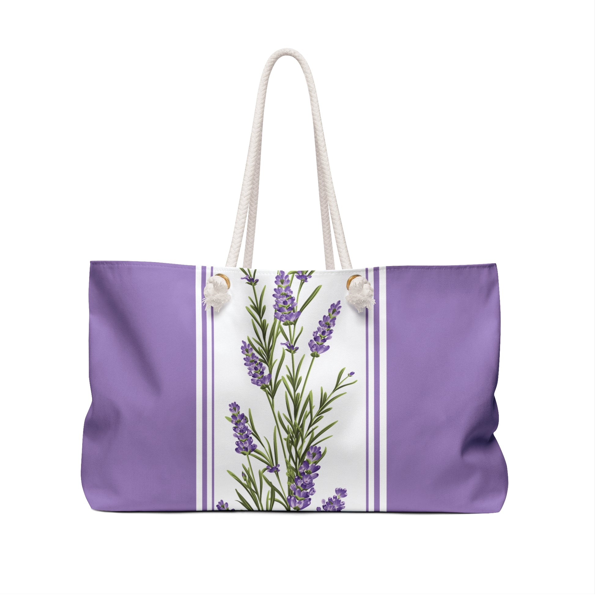 Front view of the lavender stripe print weekender bag with rope handles and wooden bead details