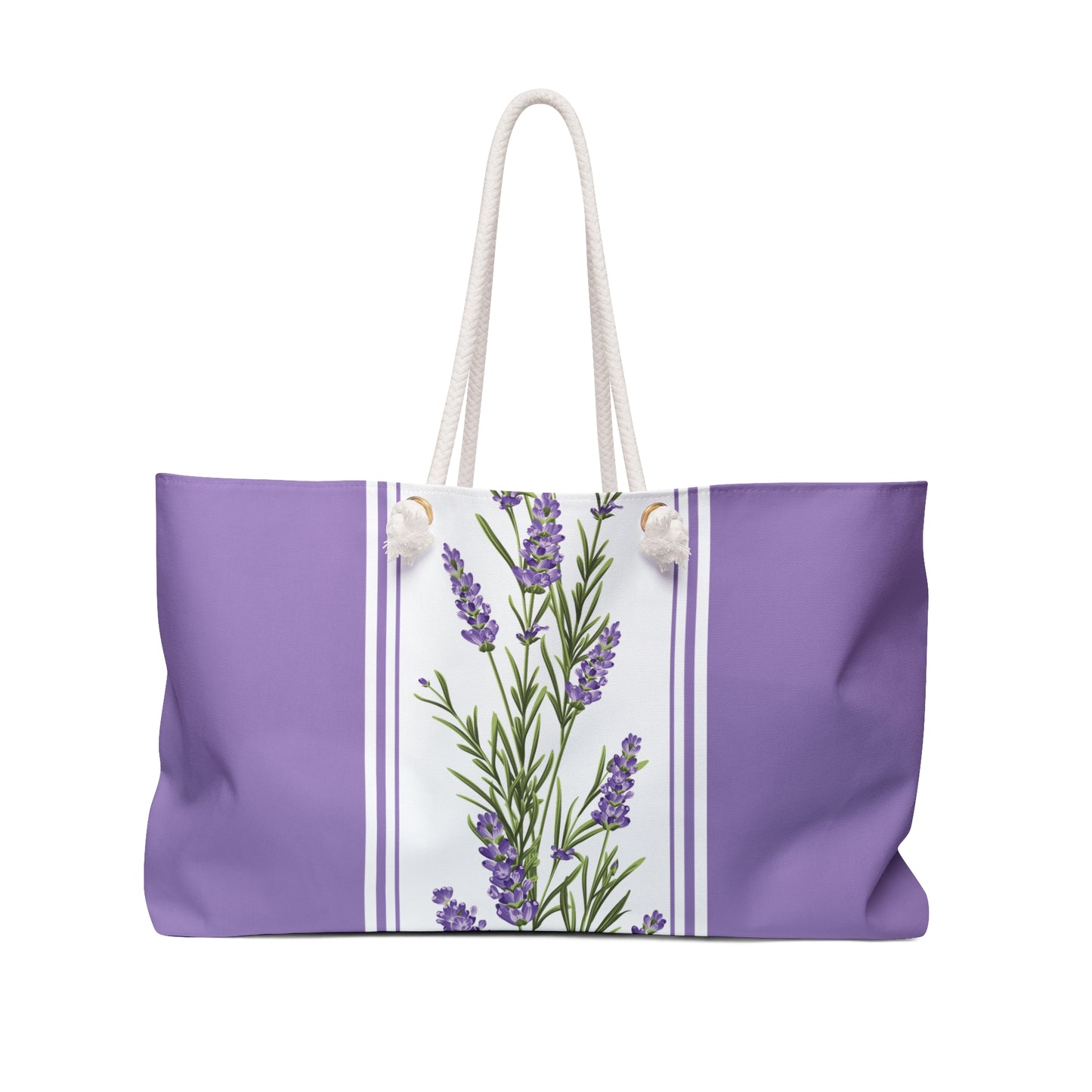 Lavender stripe weekender tote bag with botanical floral pattern and rope handles, front view centered