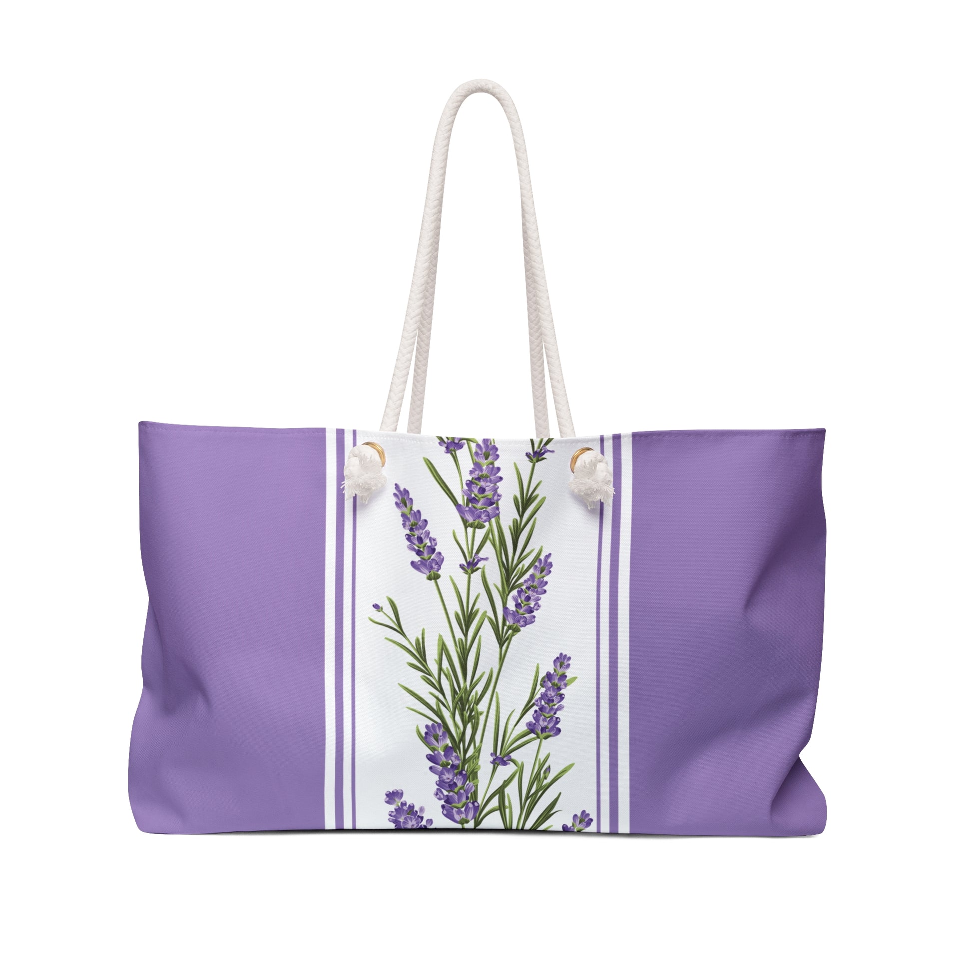Lavender stripe weekender tote bag with botanical floral pattern and rope handles, front view centered