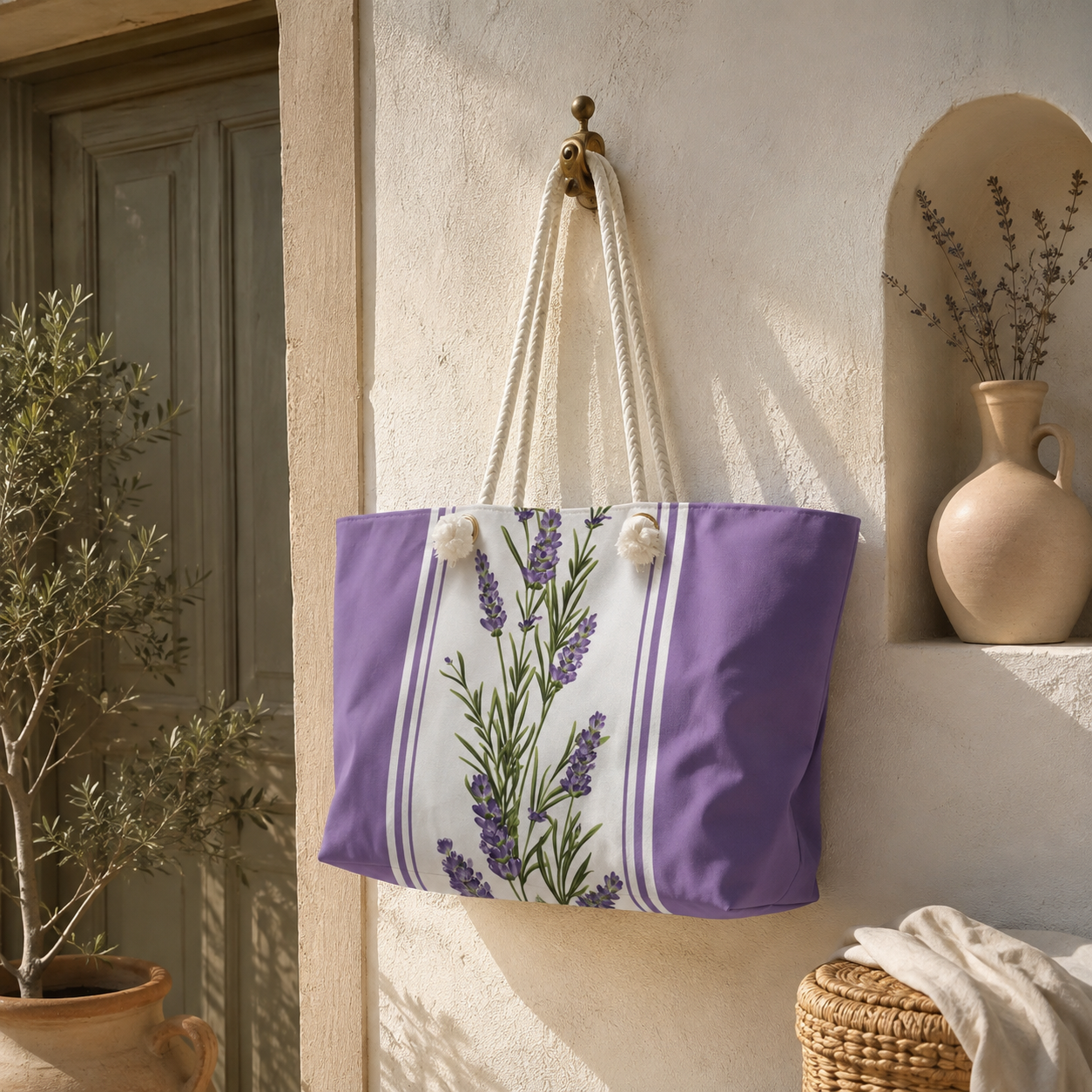 Lavender stripe print weekender bag hanging on a wall hook beside a terracotta jug with dried lavender on a sunlit stone patio