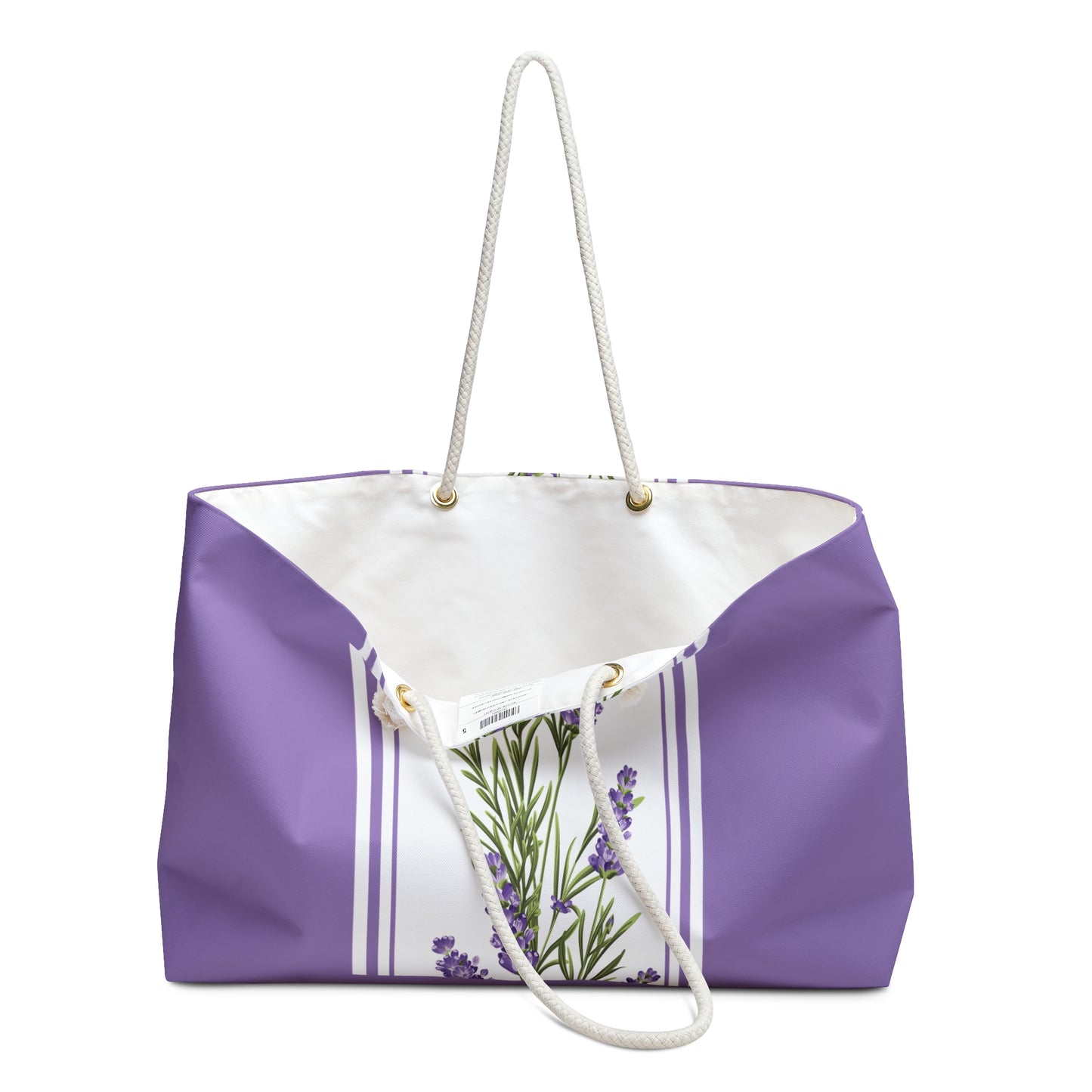 Lavender stripe print weekender bag open at the top showing the cream interior lining and handles