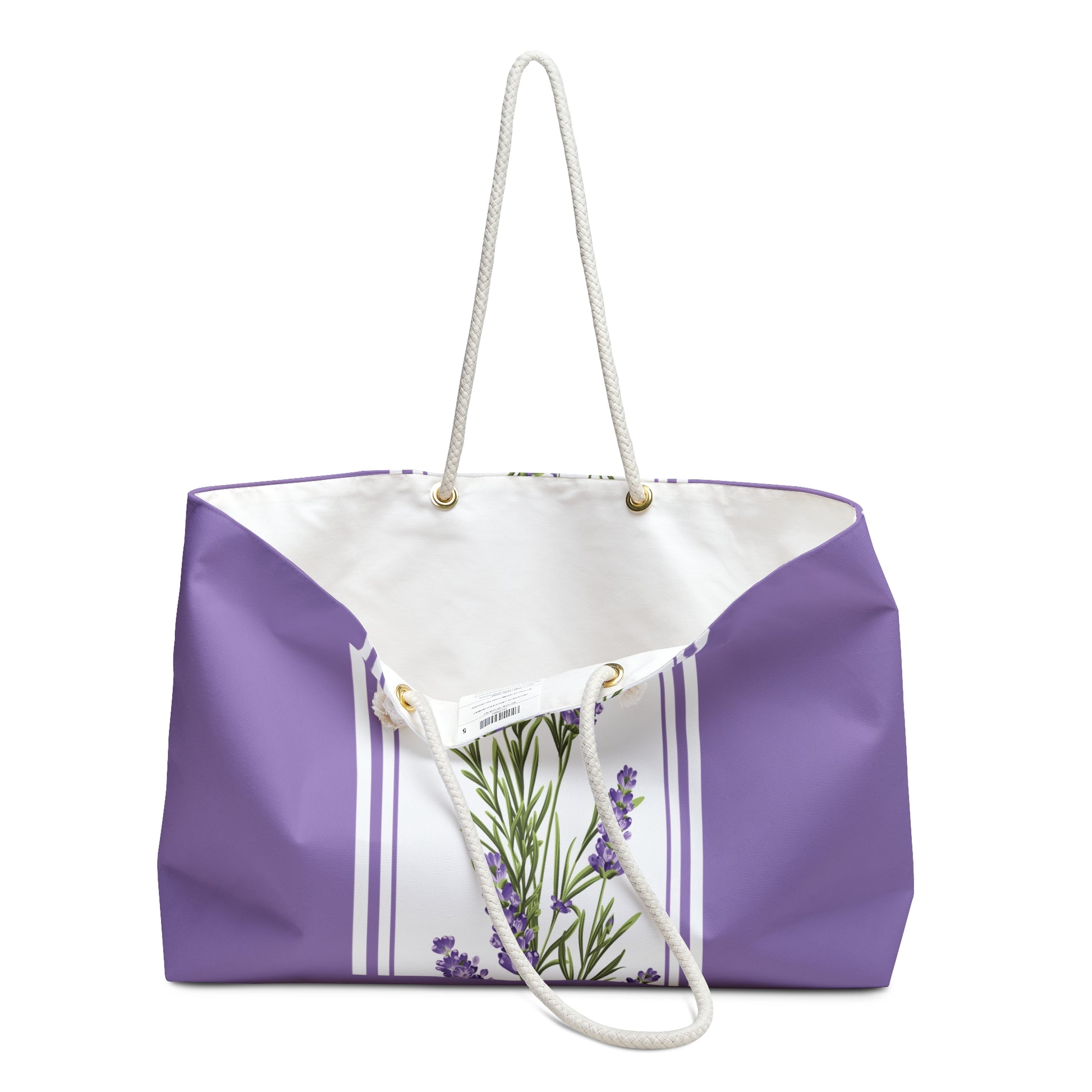 Lavender stripe print weekender bag open at the top showing the cream interior lining and handles