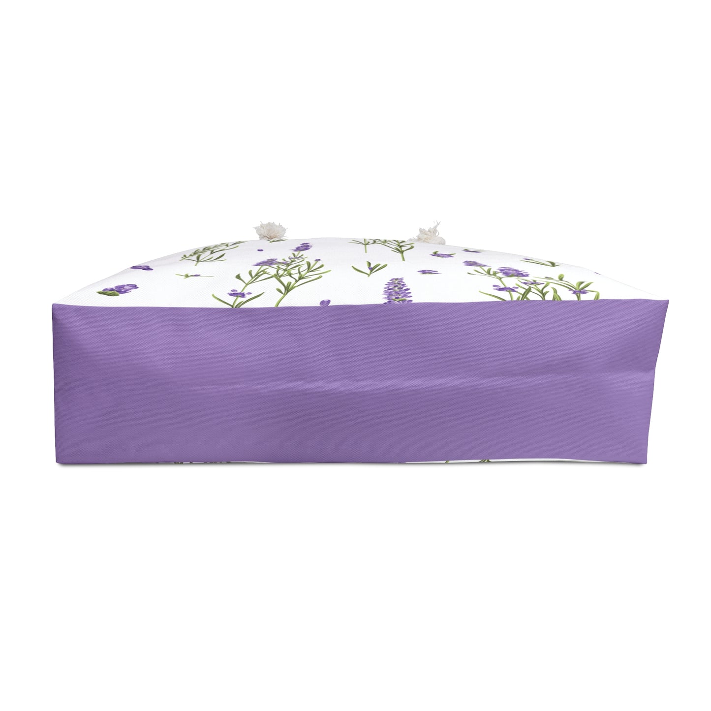Bottom view of the lavender print weekender bag showing the solid purple base panel