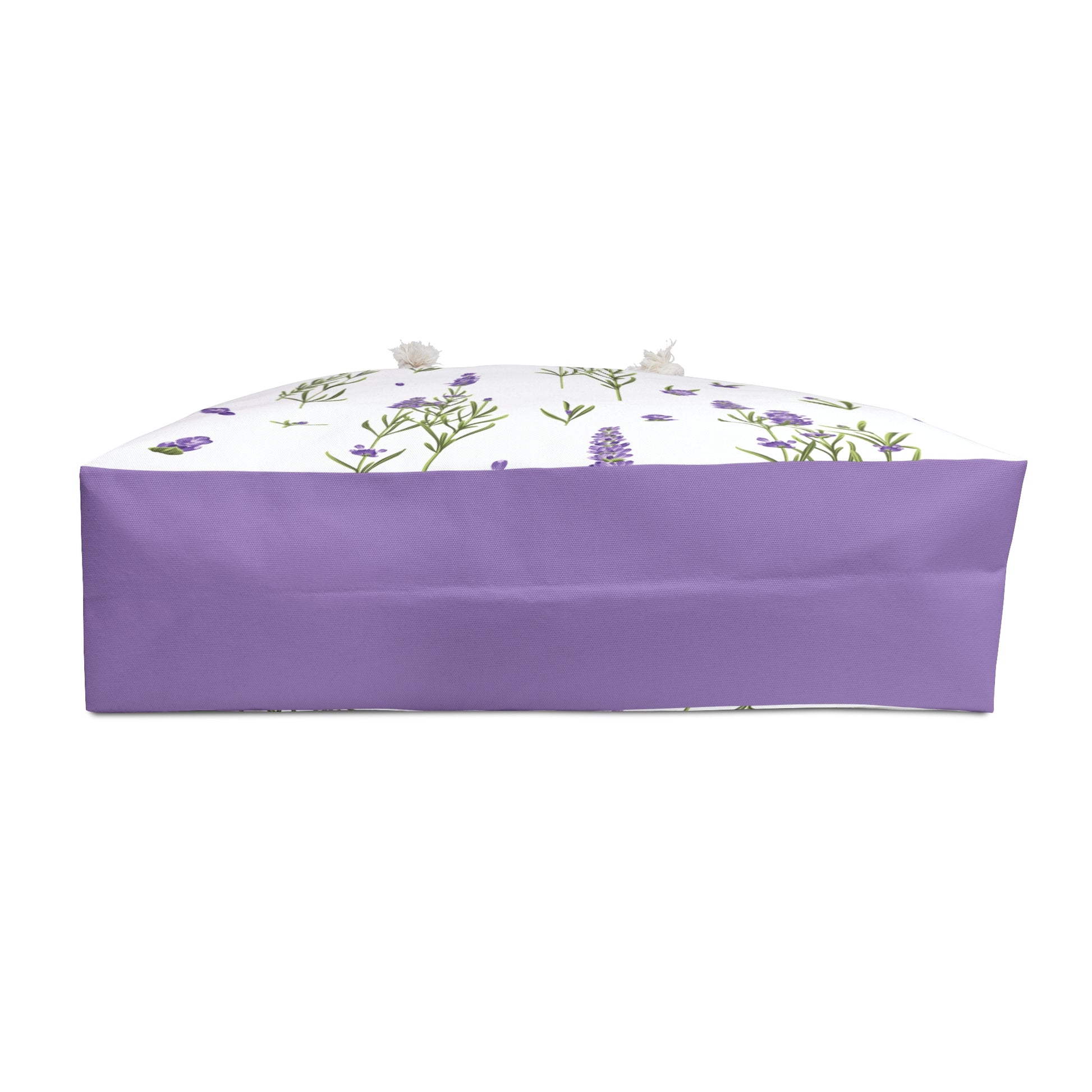 Bottom view of the lavender print weekender bag showing the solid purple base panel