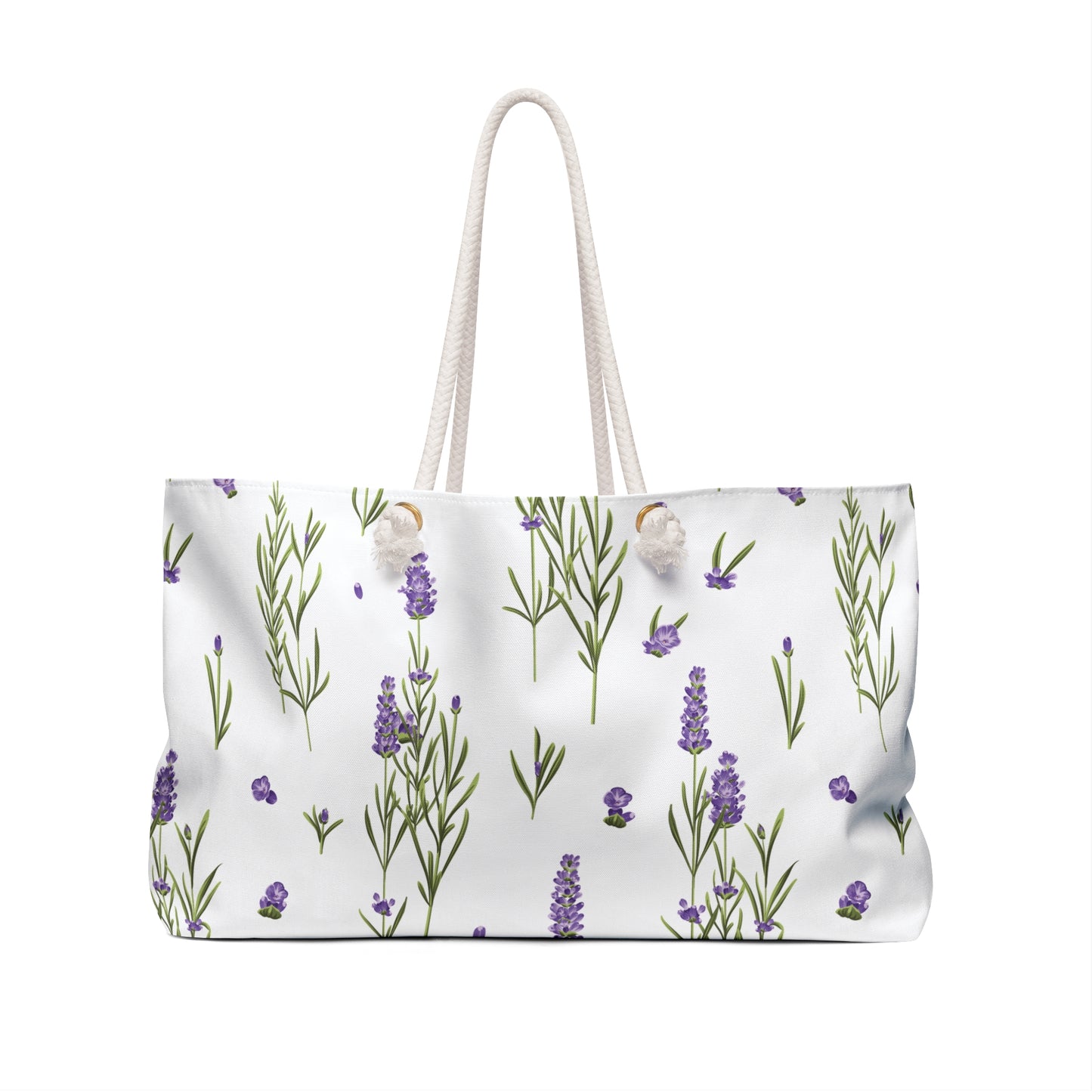 Close-up front view of the lavender print weekender bag showing rope handles and wood bead accents