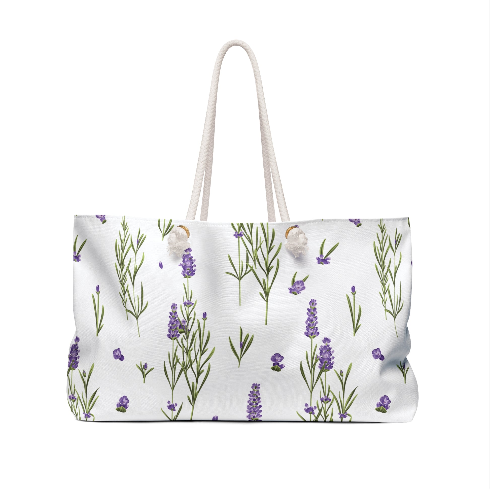 Close-up front view of the lavender print weekender bag showing rope handles and wood bead accents