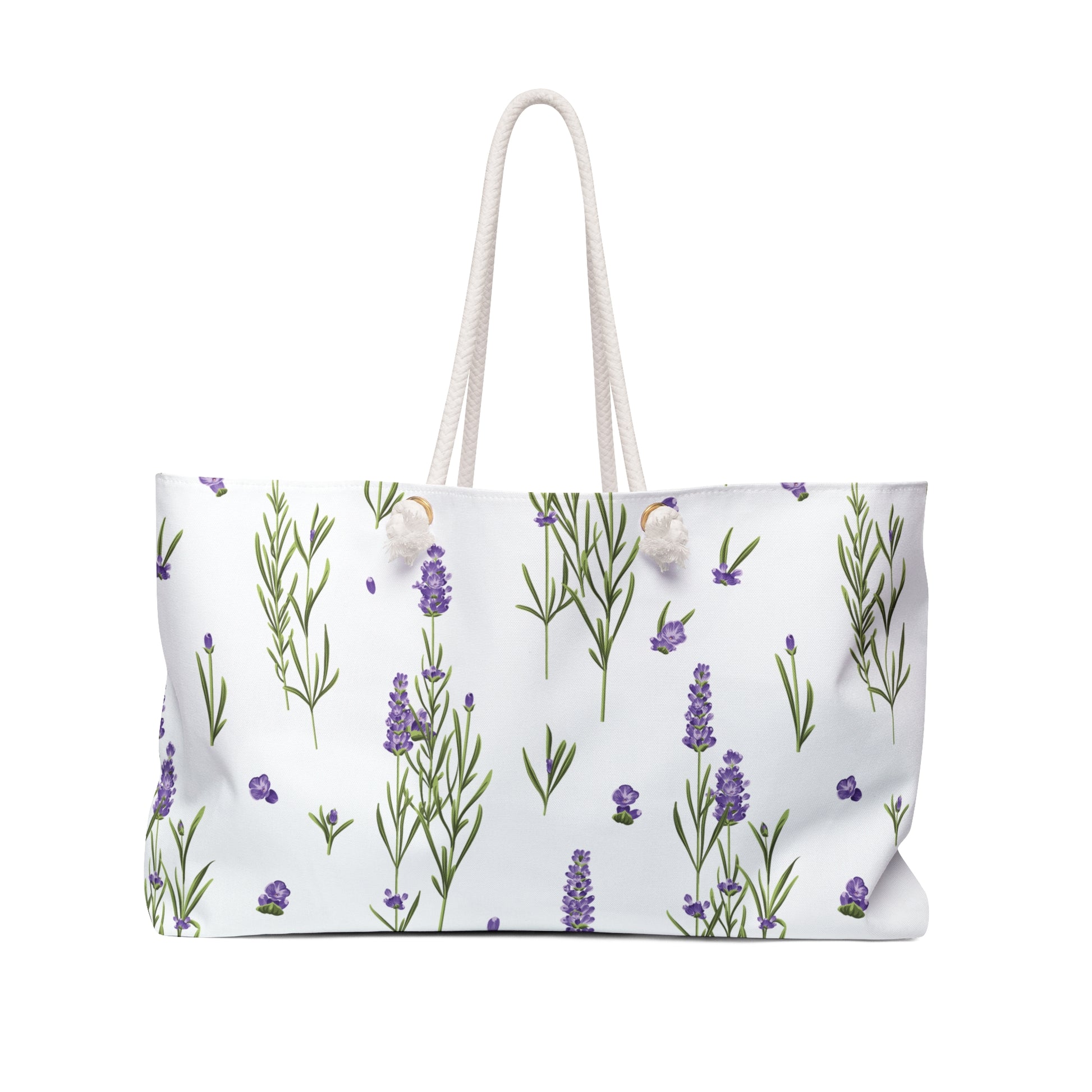 White weekender tote bag with a botanical lavender sprig pattern and rope handles, front view