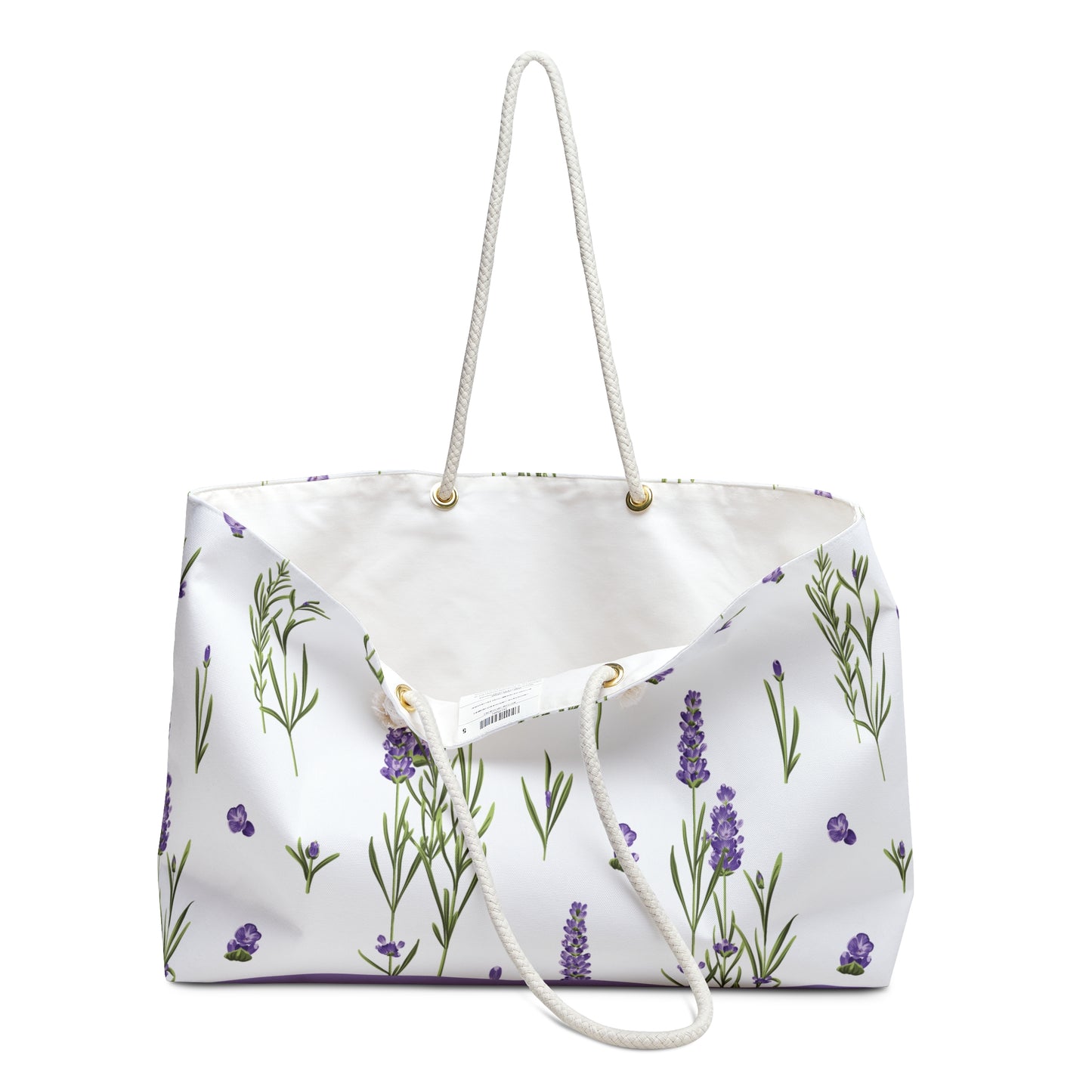 Lavender print weekender bag open at the top showing the cream cotton interior lining