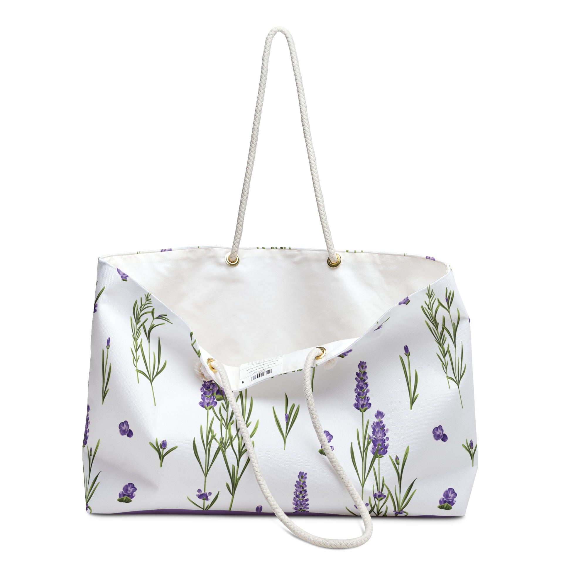 Lavender print weekender bag open at the top showing the cream cotton interior lining