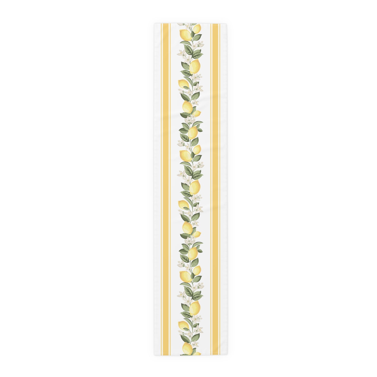 Lemon blossom stripe table runner shown flat in a full-length top view