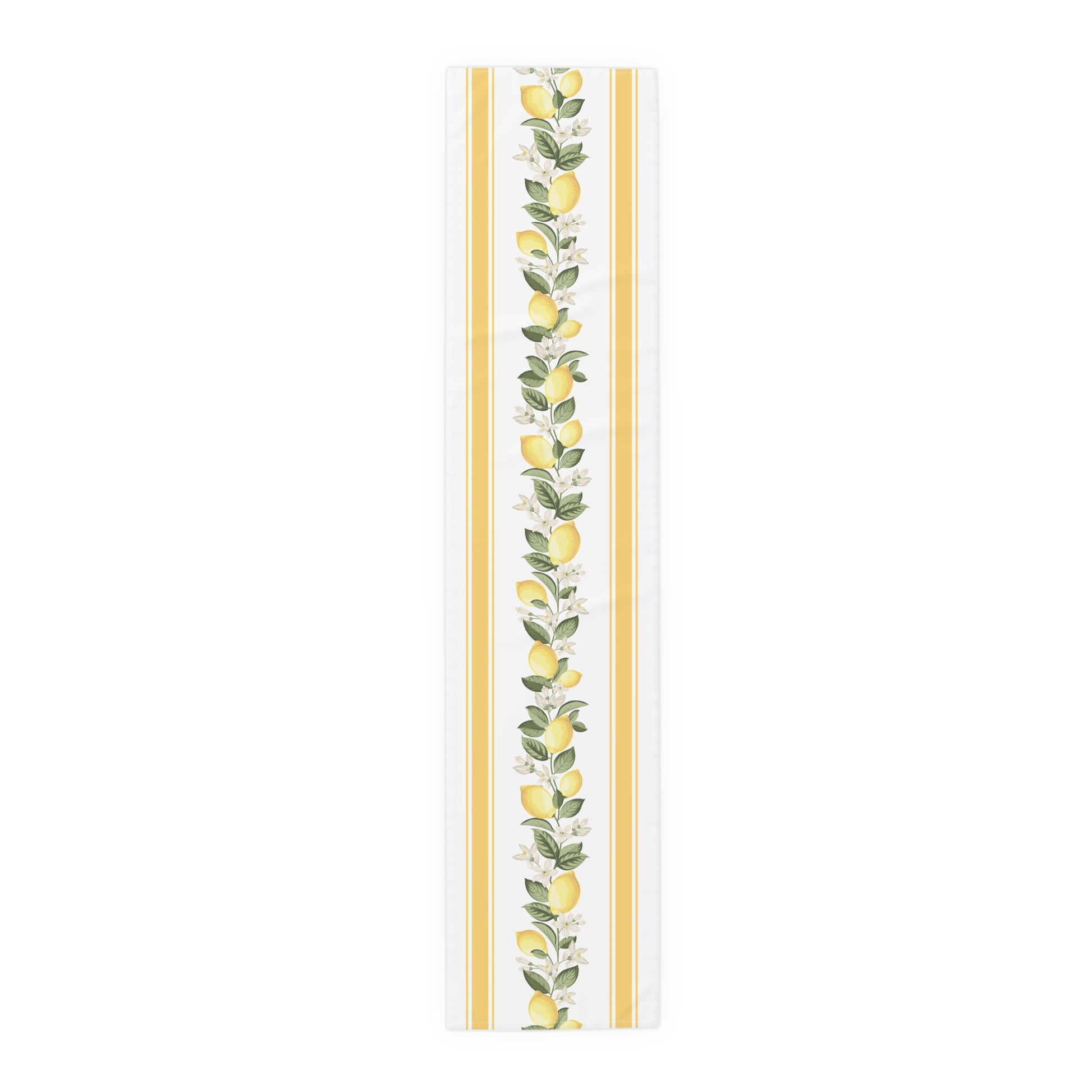Lemon blossom stripe table runner shown flat in a full-length top view