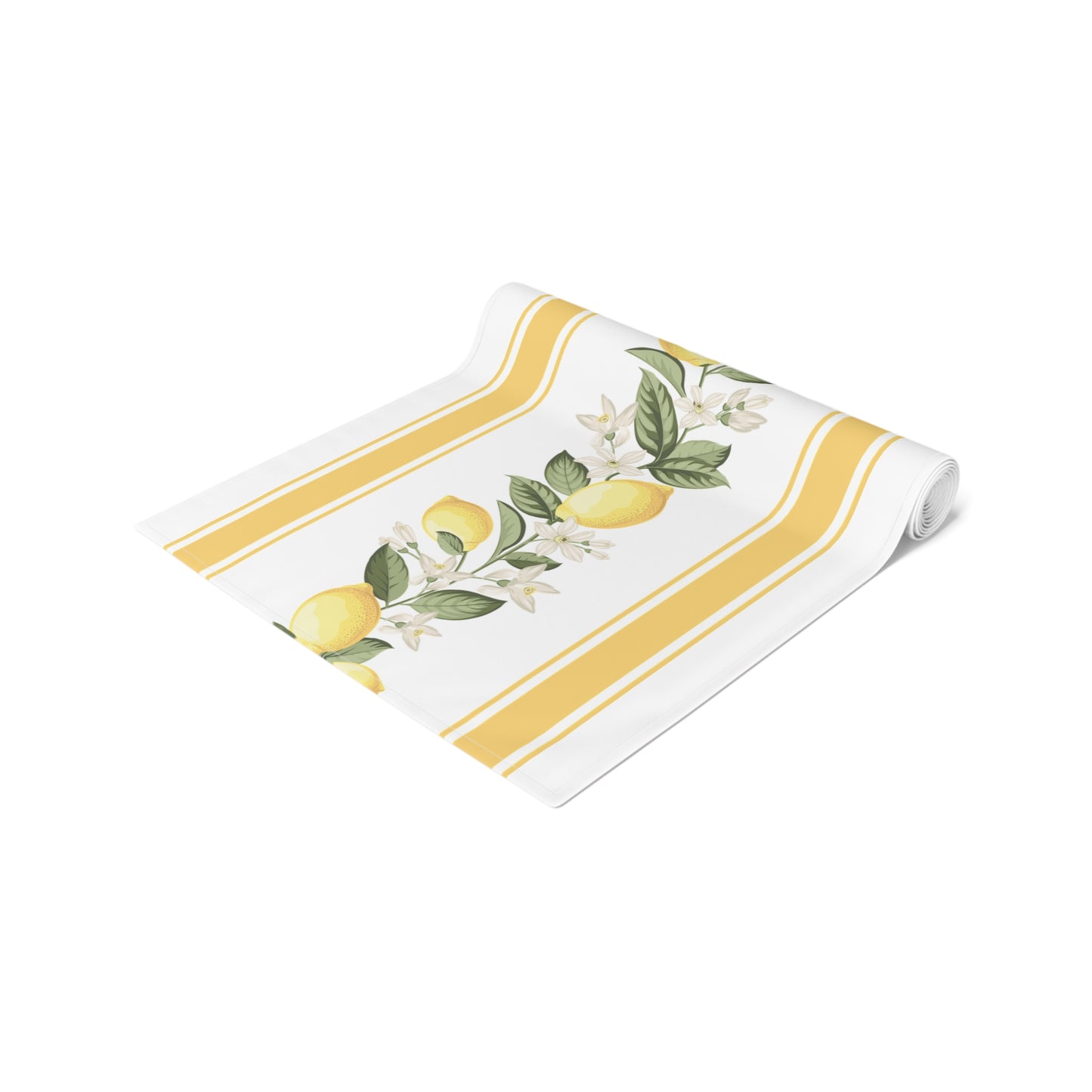 Rolled corner of lemon blossom stripe table runner showing yellow double-stripe border