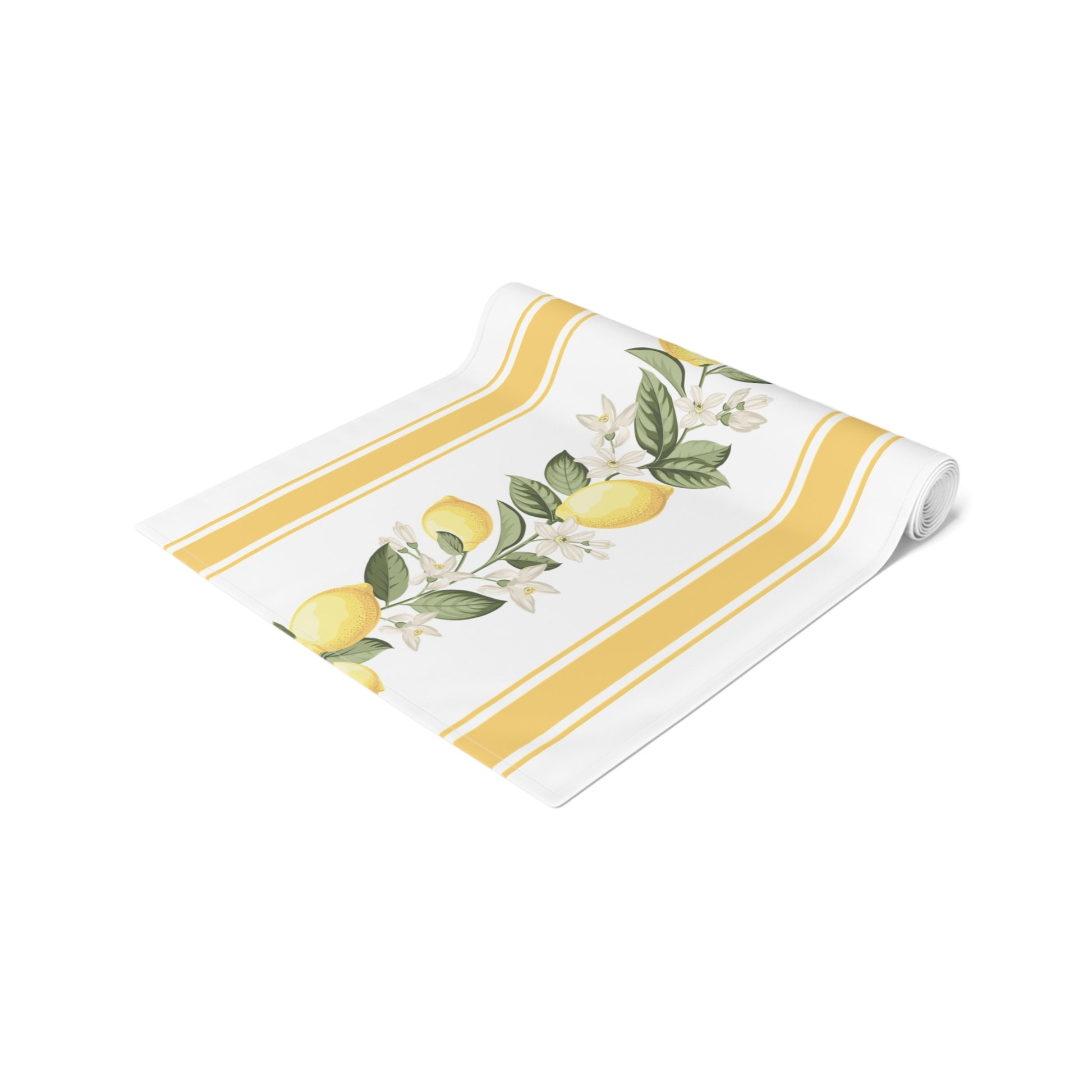 Rolled corner of lemon blossom stripe table runner showing yellow double-stripe border