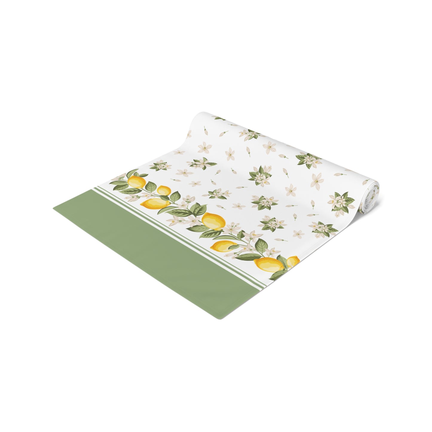 Folded lemon blossom table runner with citrus border detail