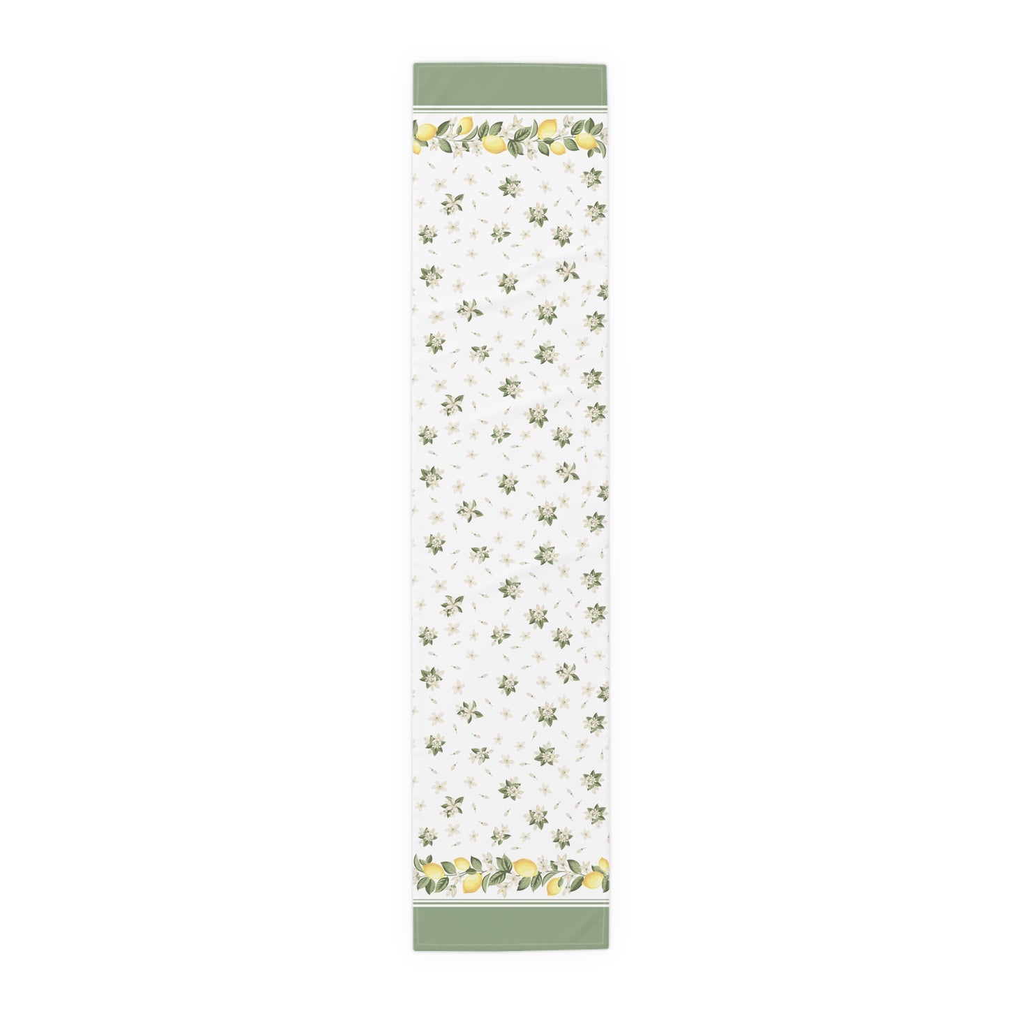 Lemon blossom floral table runner shown flat in a full-length top view