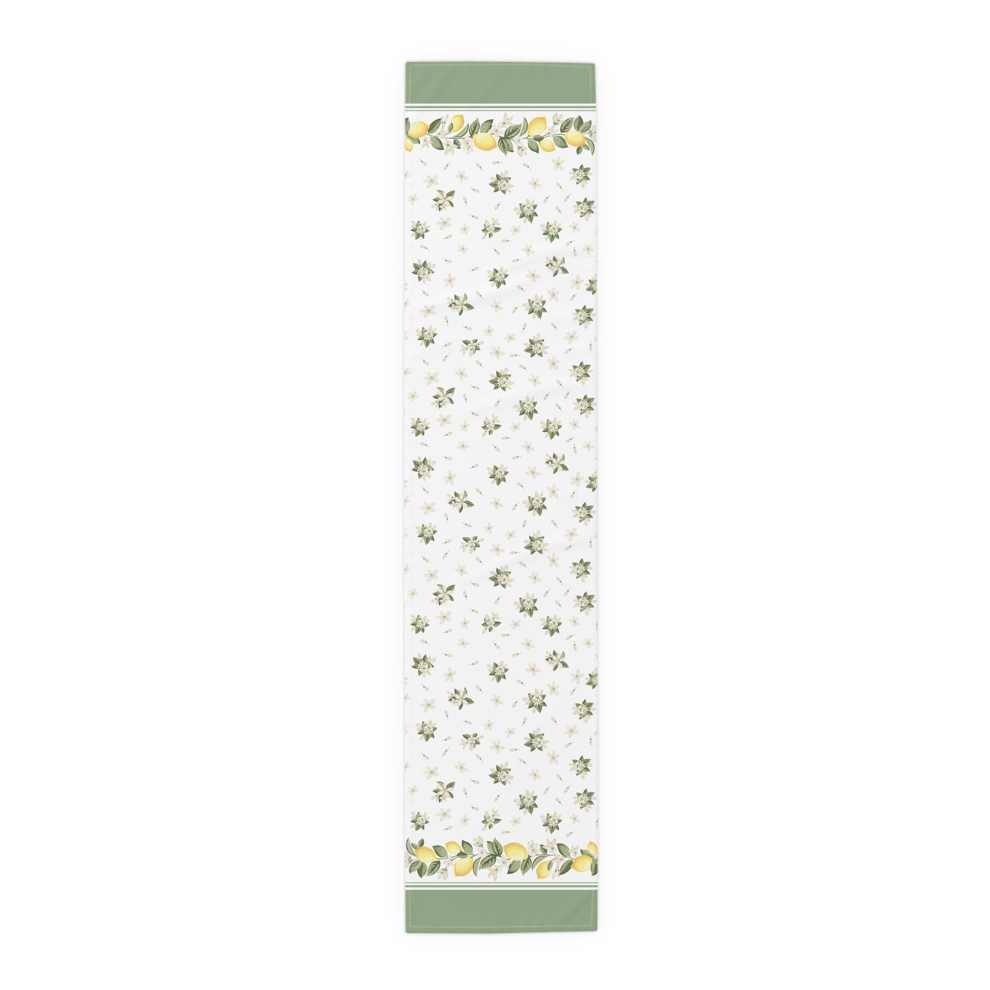 Lemon blossom floral table runner shown flat in a full-length top view