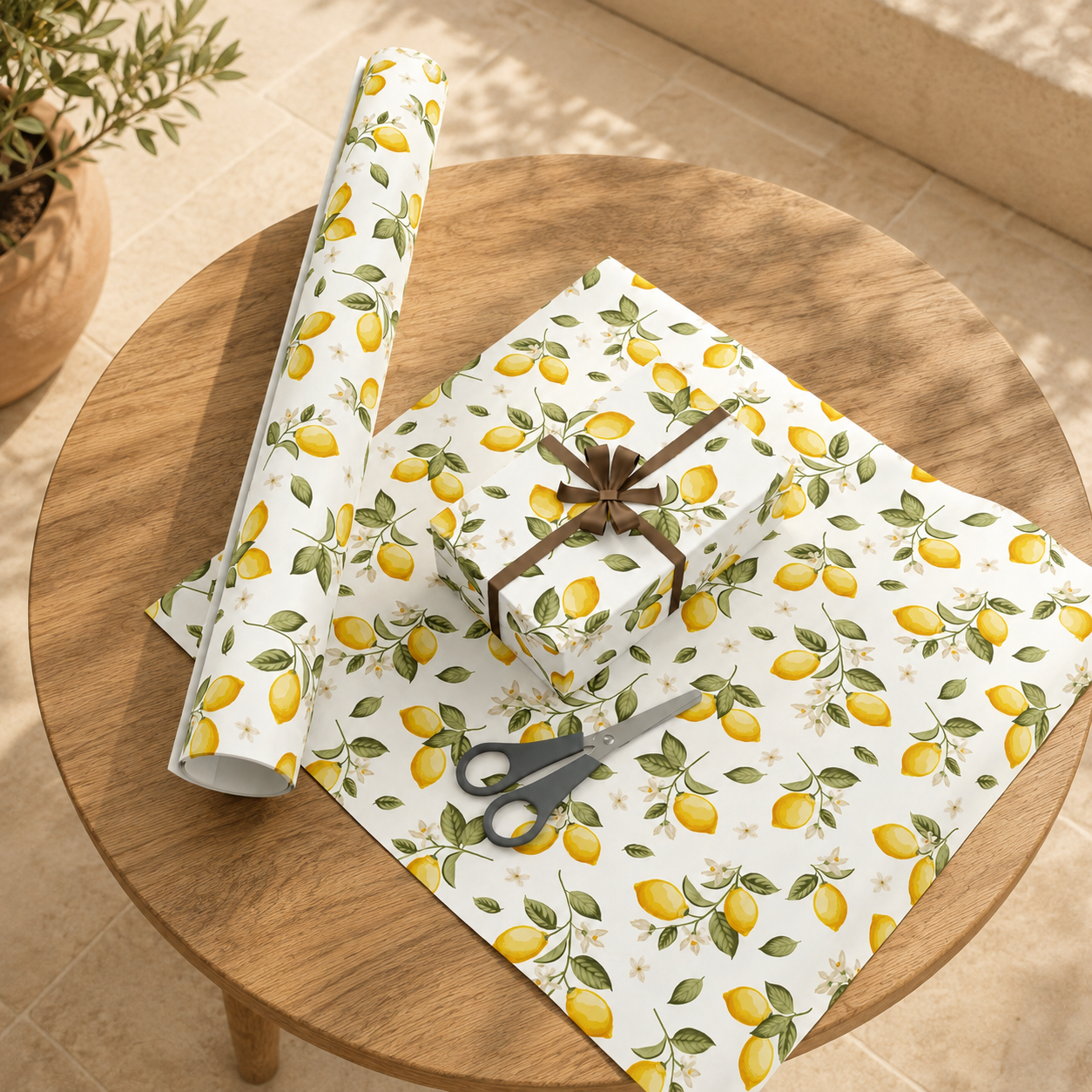 Lemon blossom wrapping paper with a wrapped gift and roll styled on a wooden table