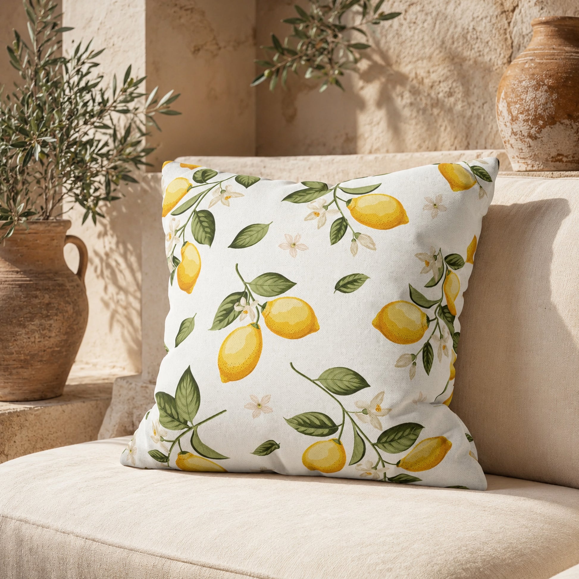 Lemon branch throw pillow resting on a cream-colored chair against a rustic stone wall, angled to show the front pattern detail