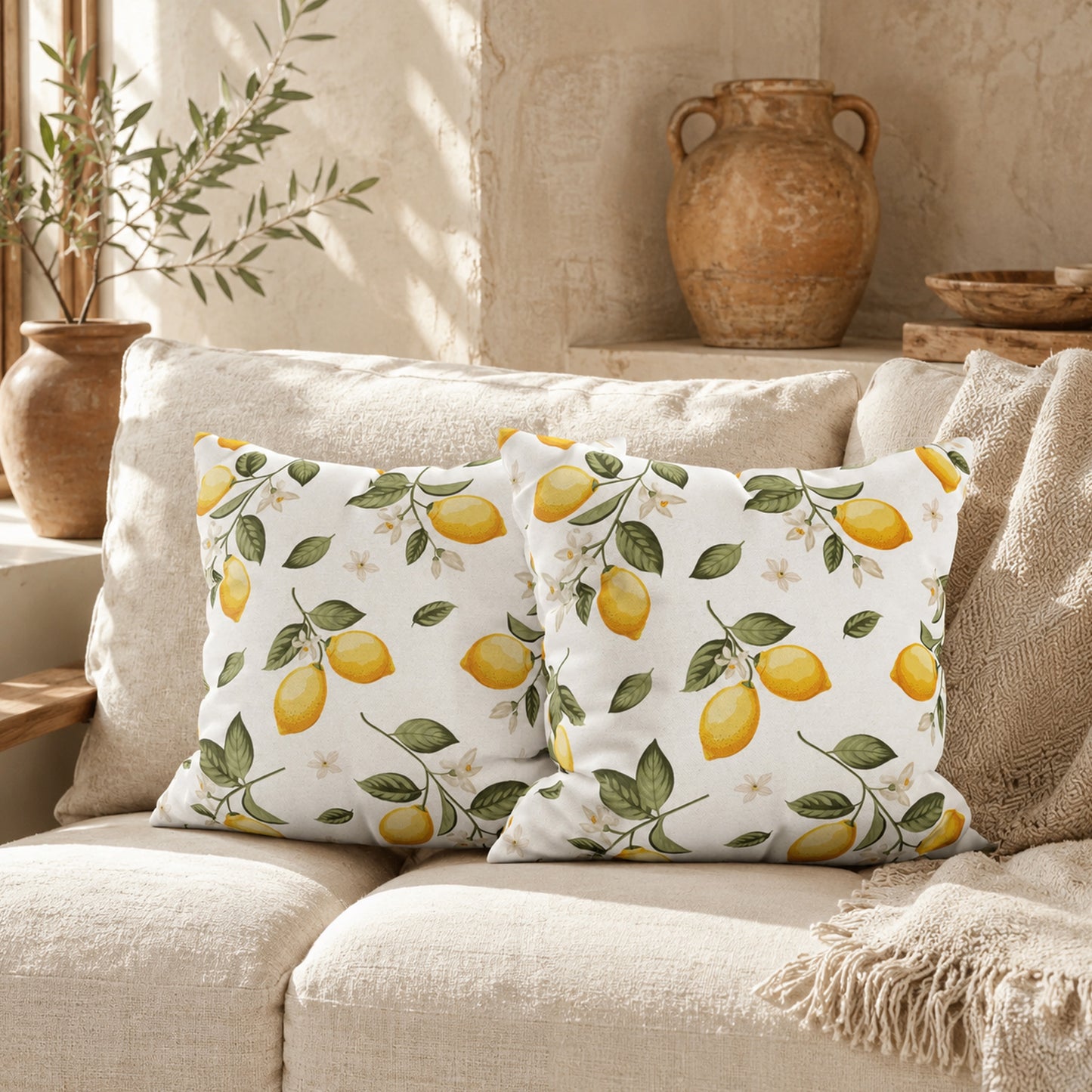 Two lemon branch citrus floral throw pillows arranged on a neutral beige sofa beside pale terracotta vessels and greenery in natural daylight