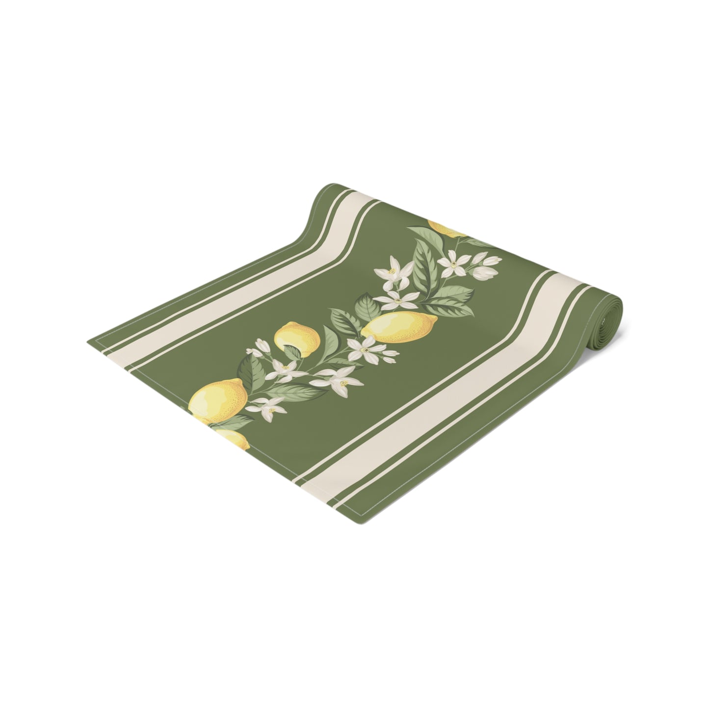 Angled view of rolled lemon grove table runner with lemon blossom sprig