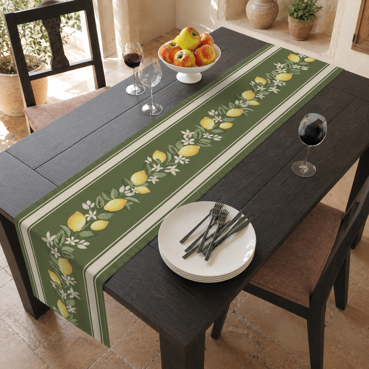 Lemon grove table runner styled on a dark wood table with pears and wine glass